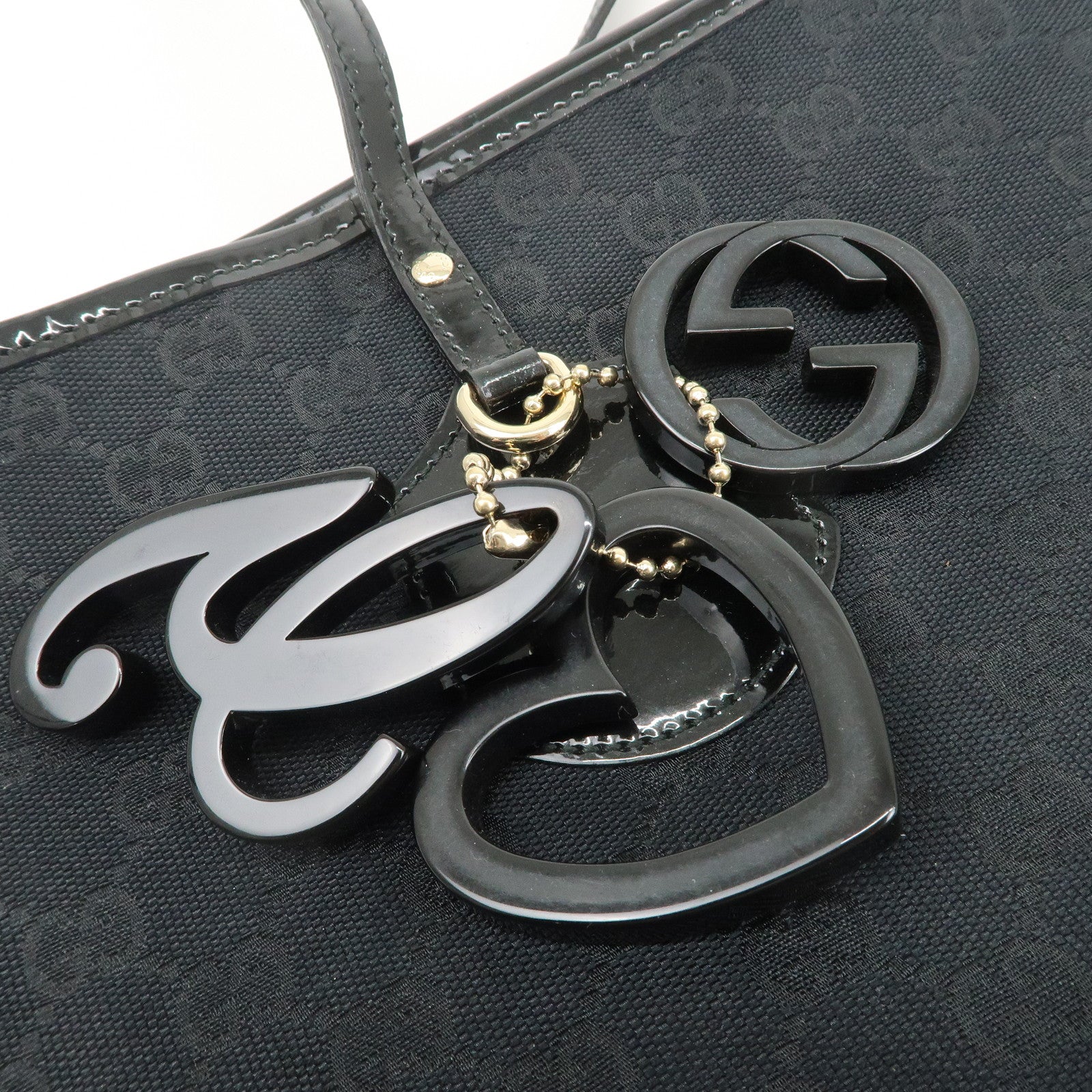GUCCI GG Canvas Patent Leather Tote Bag Hand Bag Black 211976 Used