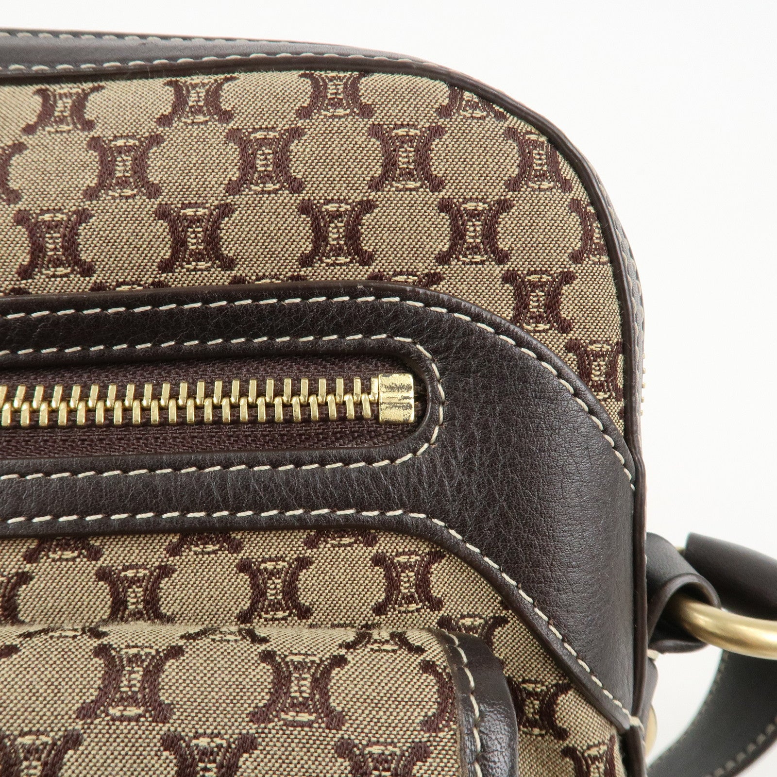 CELINE Macadam Canvas Leather Shoulder Crossbody Bag Beige Brown Used