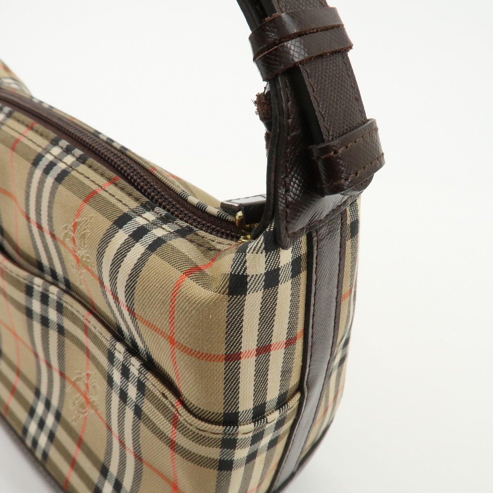 BURBERRY Nylon Leather Nova Plaid Shoulder Hand Bag Beige Black Used