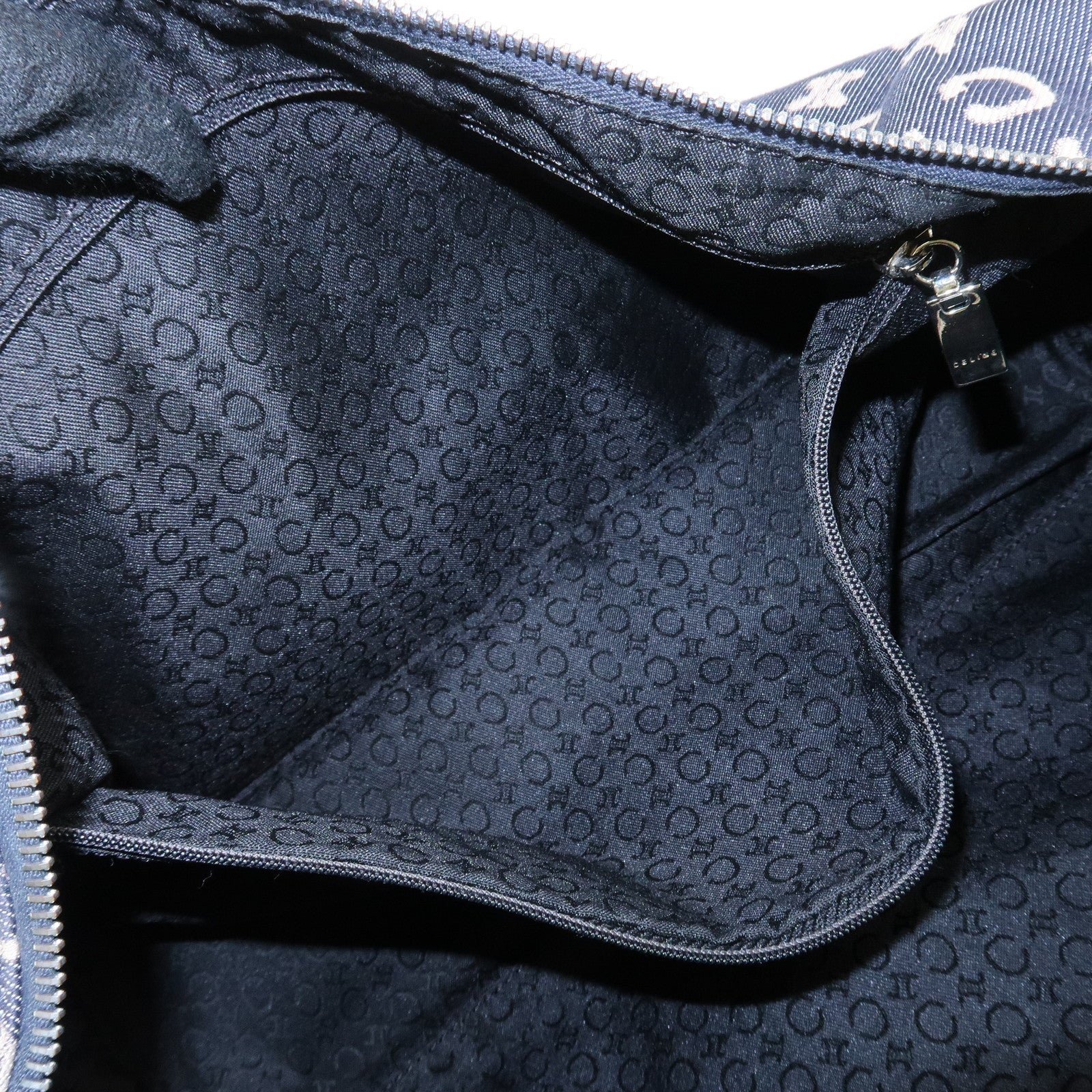 CELINE C Macadam Canvas Leather Shoulder Bag Navy Silver Used