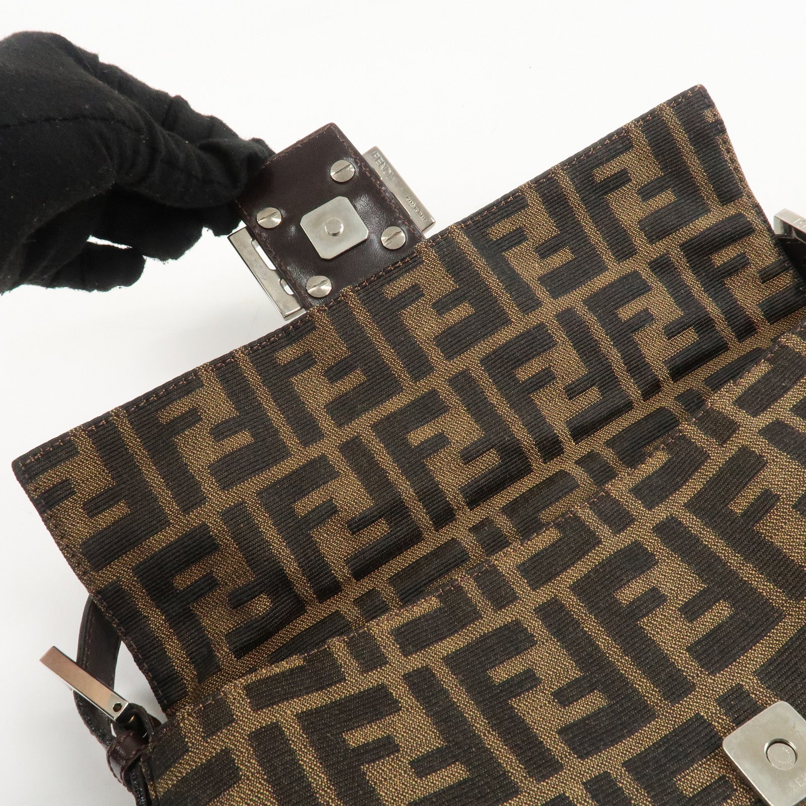 FENDI Mamma Baguette Zucca Canvas Shoulder Bag Brown Black 26424 Used