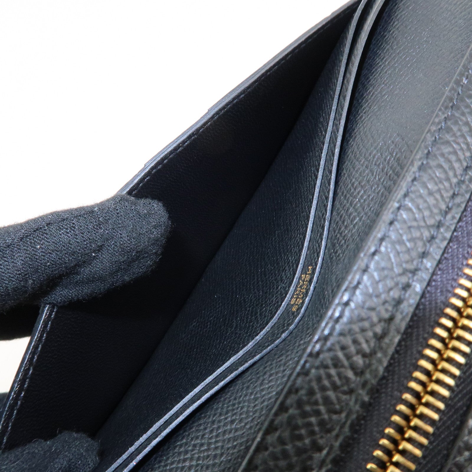 HERMES Leather Bearn Long Wallet M Stamped (around 2009) Black Used