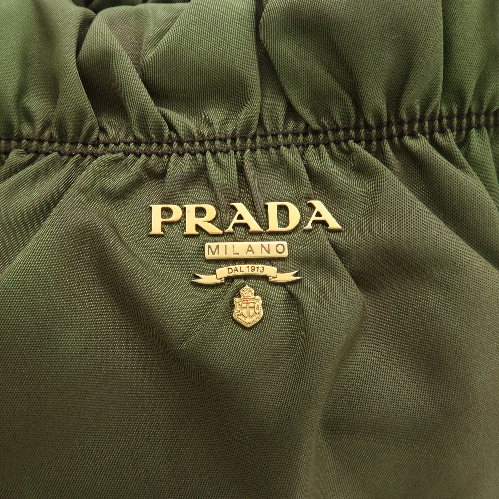 PRADA Nylon Leather Gathered Hand Bag Green Brown BN1793 Used