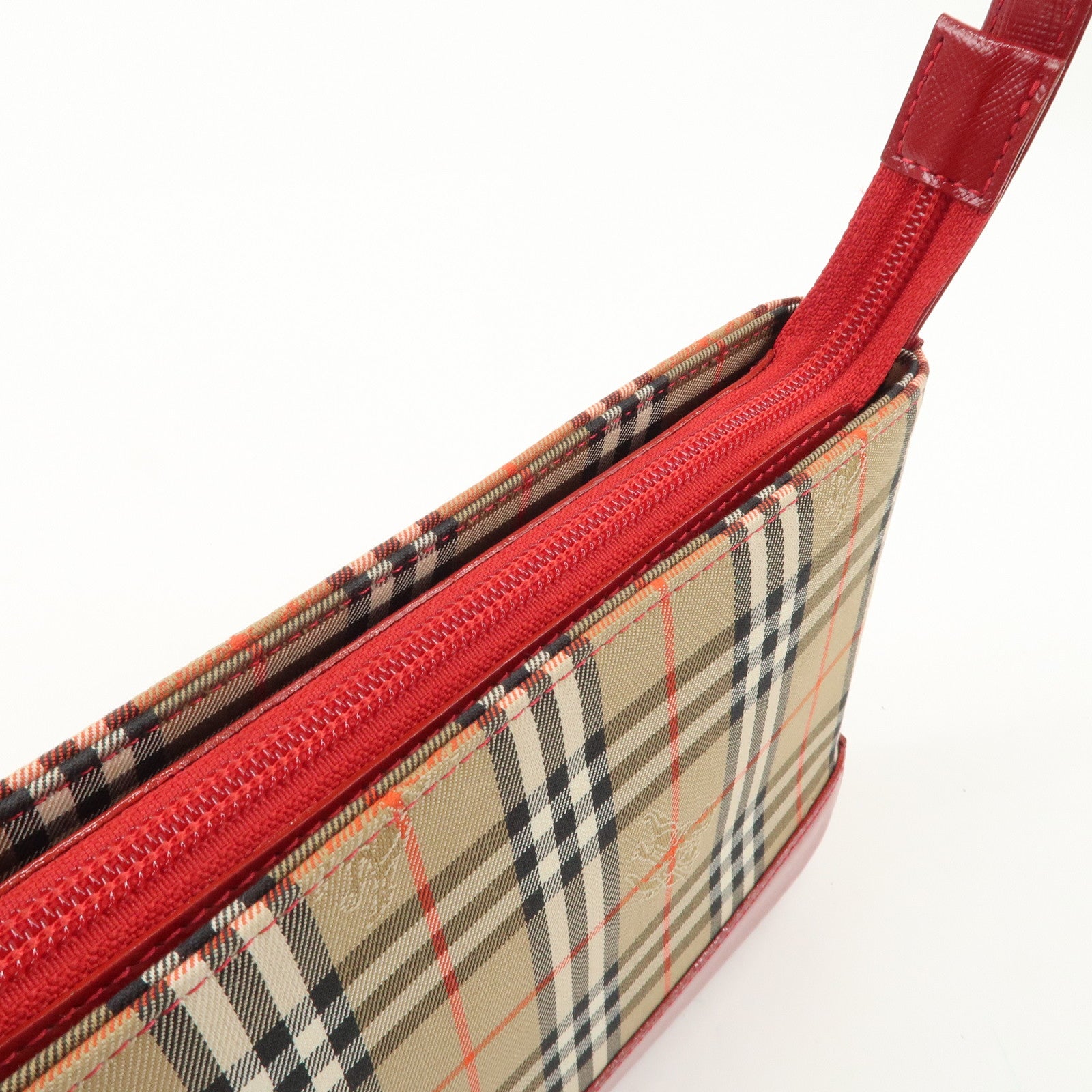 BURBERRY Nova Plaid Canvas Leather Shoulder Bag Hand Bag Red Used