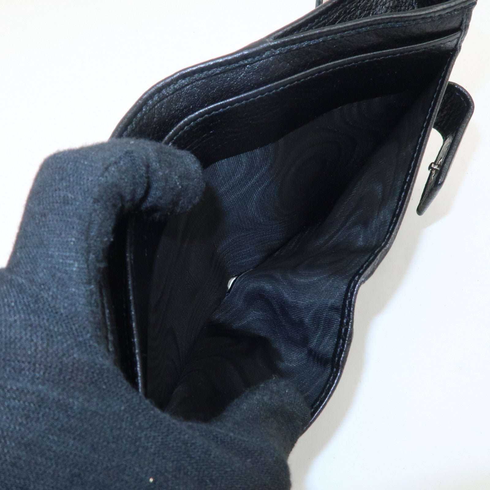 GUCCI Bamboo Leather W Hook Bi-fold Wallet Black 233049 Used