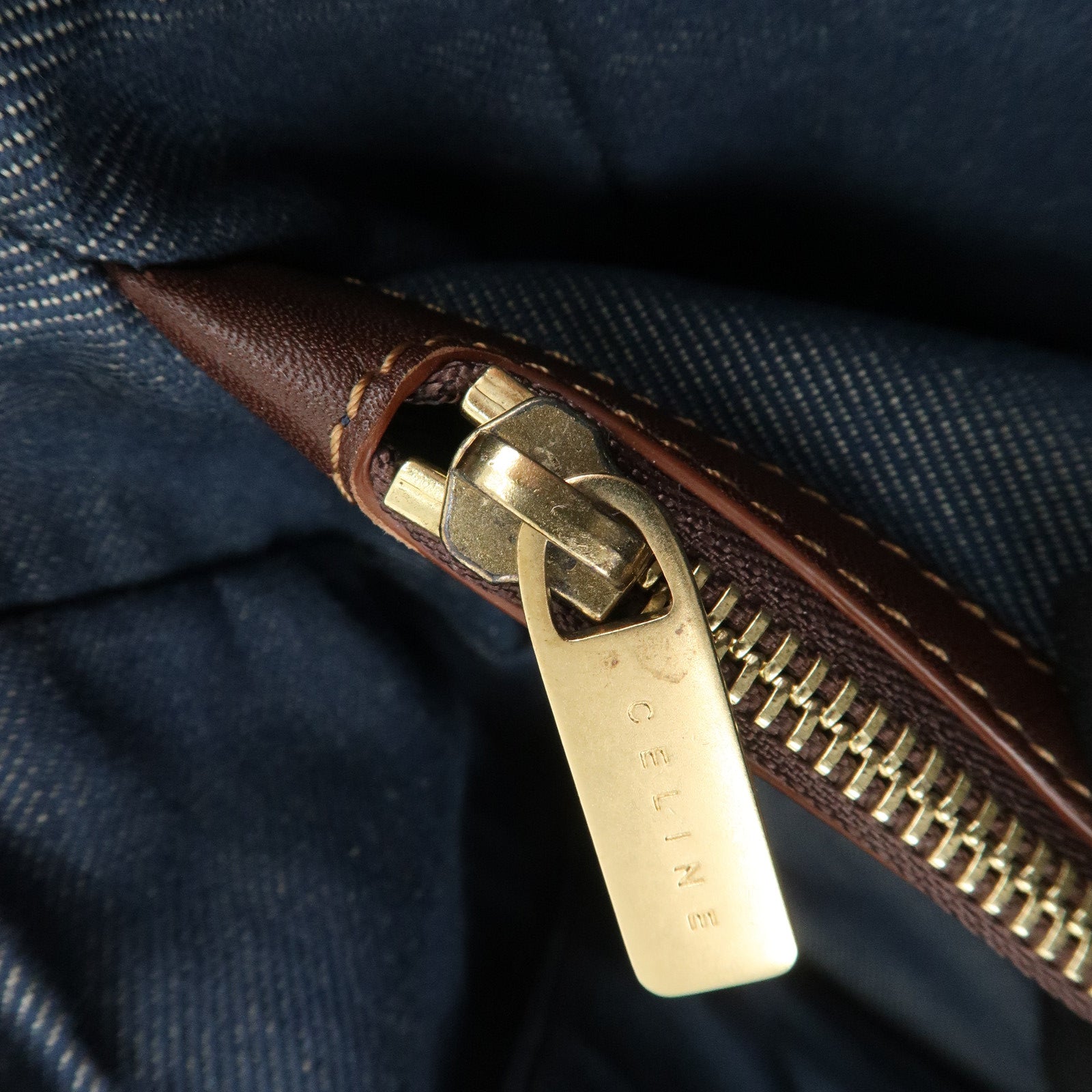 CELINE Macadam Denim Canvas Leather Boogie Bag Tote Bag Blue Brown Used