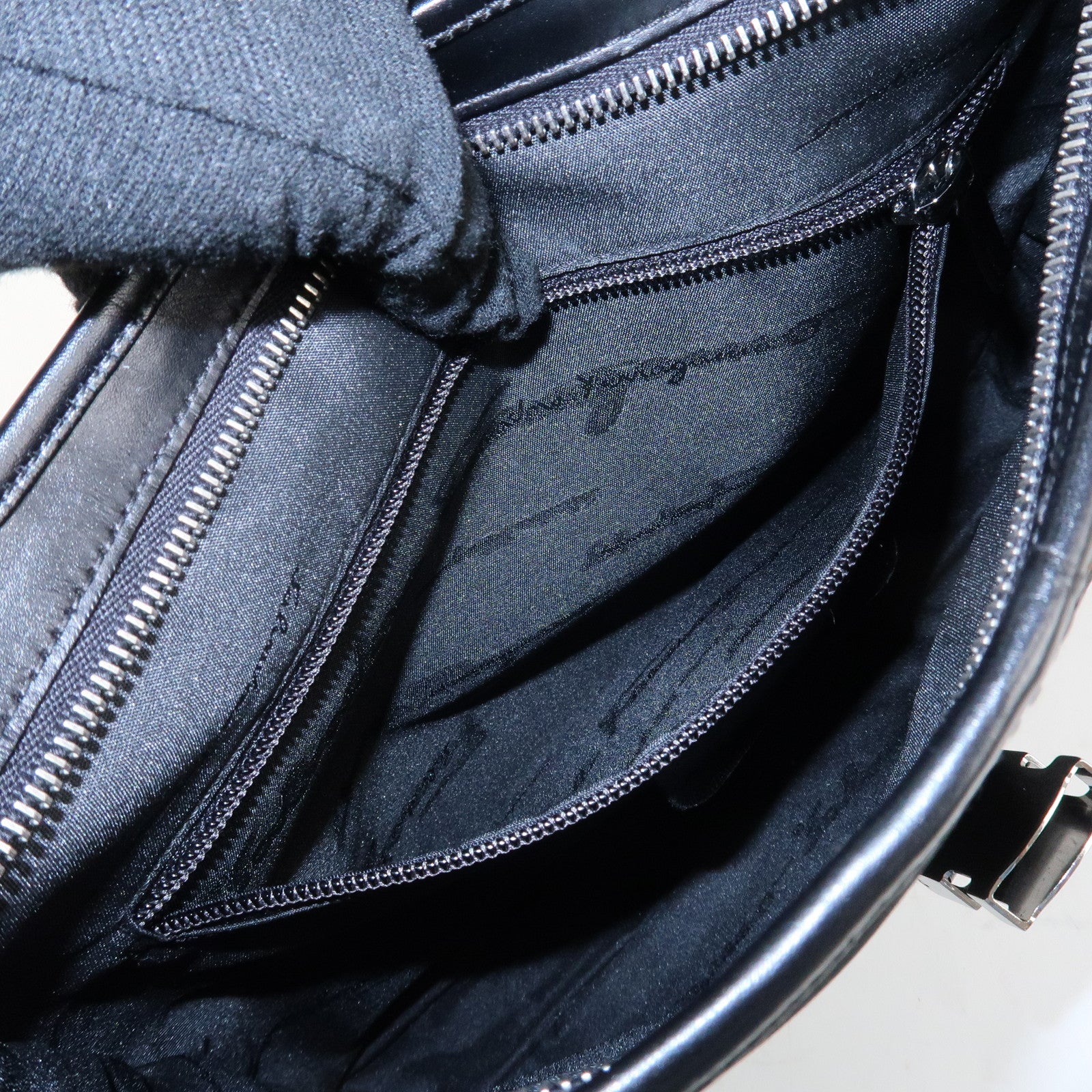 Ferragamo Nylon Leather Shoulder Bag Hand Bag Silver HDW Black Used