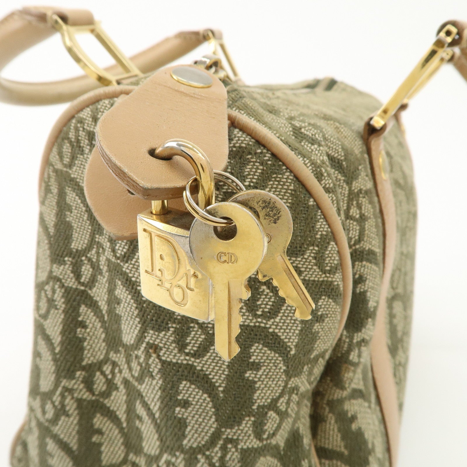 Christian Dior Trotter Canvas Leather Boston Bag White Khaki Used