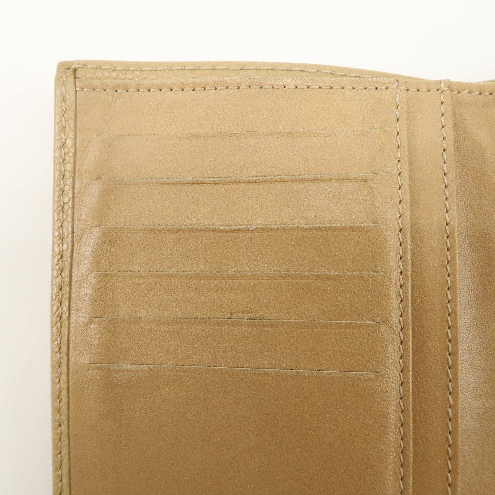 CHANEL Caviar Skin COCO Mark Tri-Fold Wallet Beige Gold Used