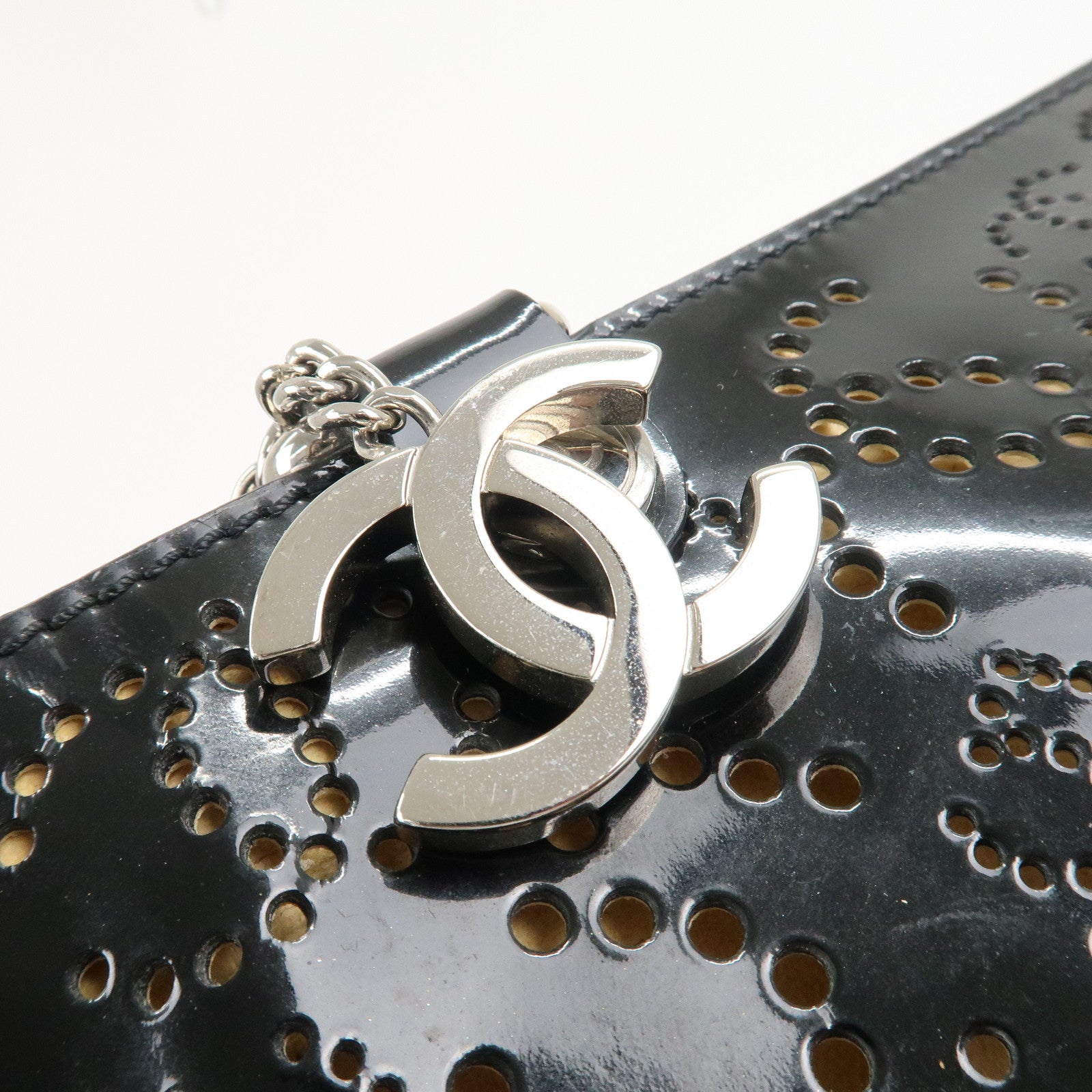 CHANEL COCO Mark No.5 Patent Leather Punching Hand Bag Black Used