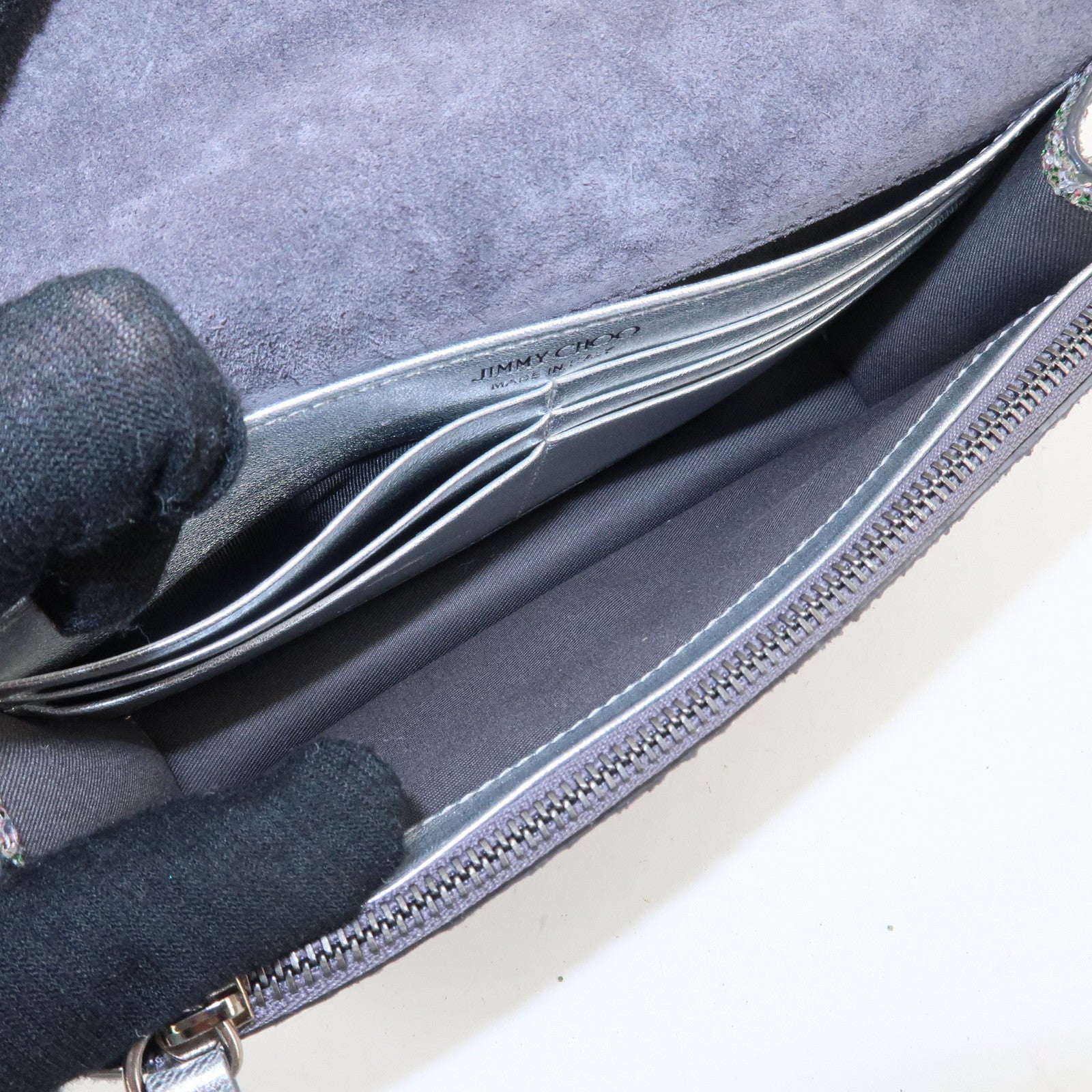 JIMMY CHOO Glitter Leather Shoulder Wallet Bag Green Silver Used