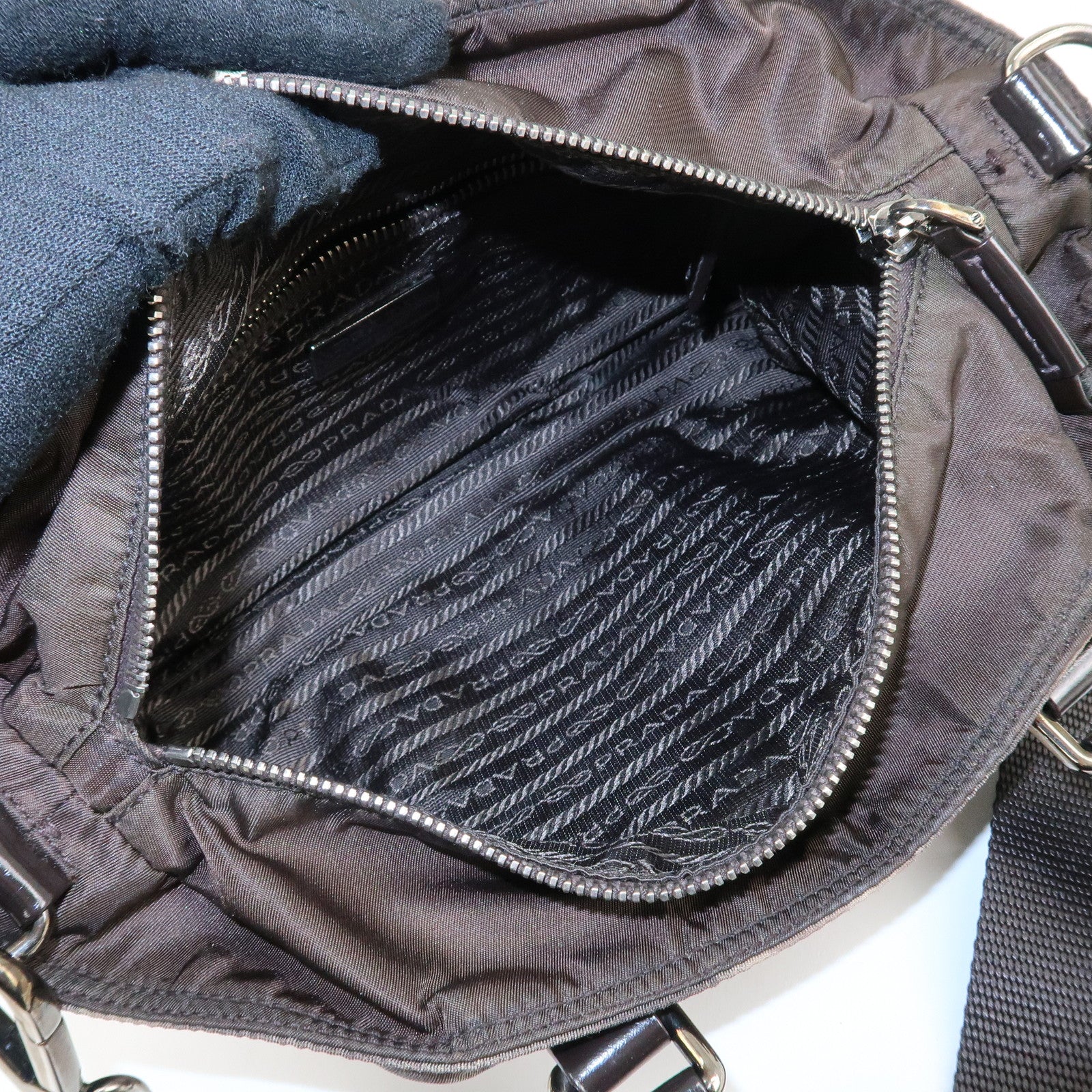 PRADA Nylon Patent Leather 2Way Bag Beige Black Dark Brown Used