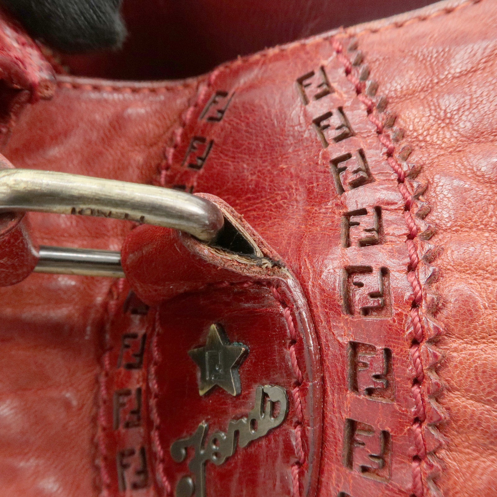 FENDI Ethnico Leather Tote Bag Shoulder Bag Red 8BN162 Used