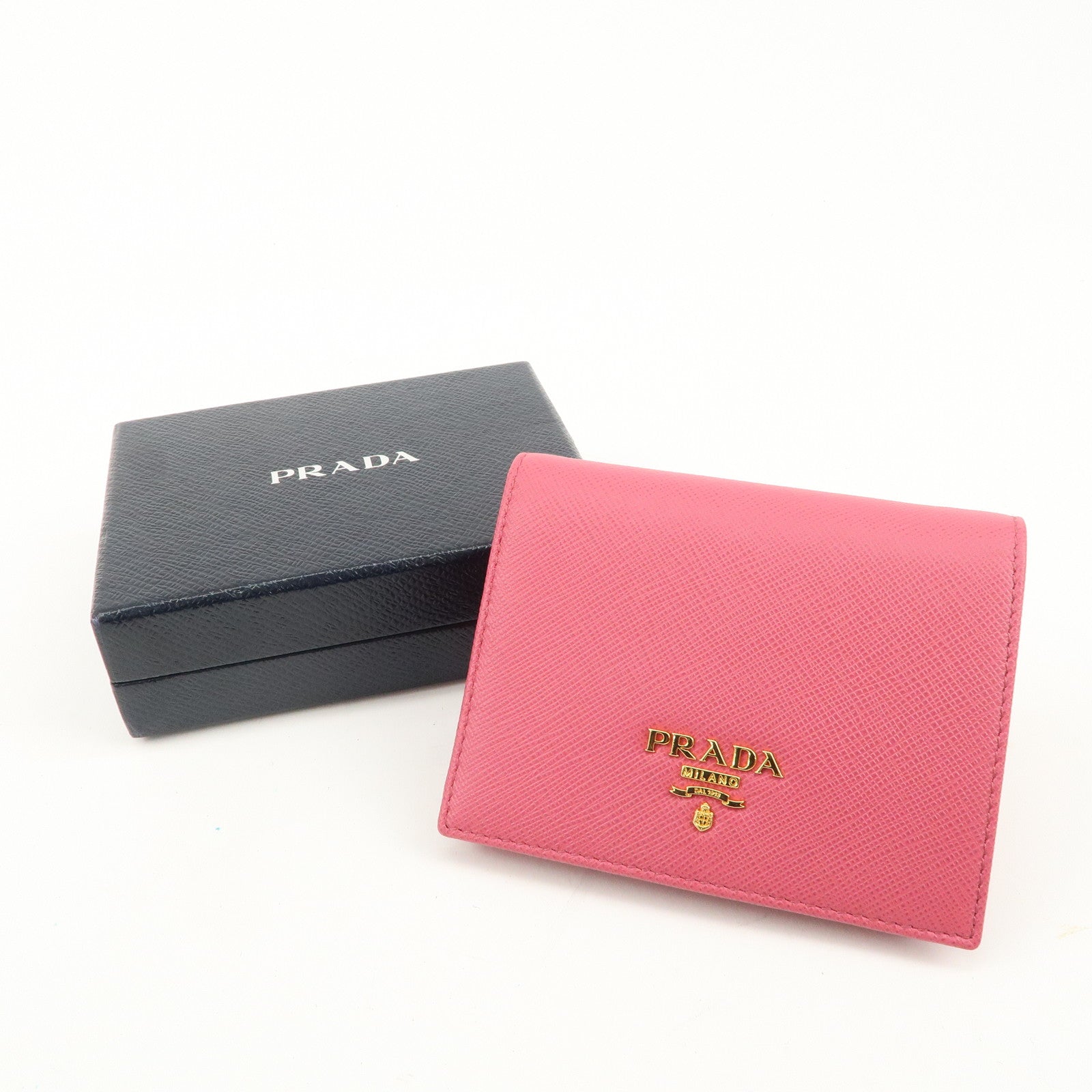 PRADA Logo Saffiano Leather Bi-Fold Wallet Pink 1MV204 Used