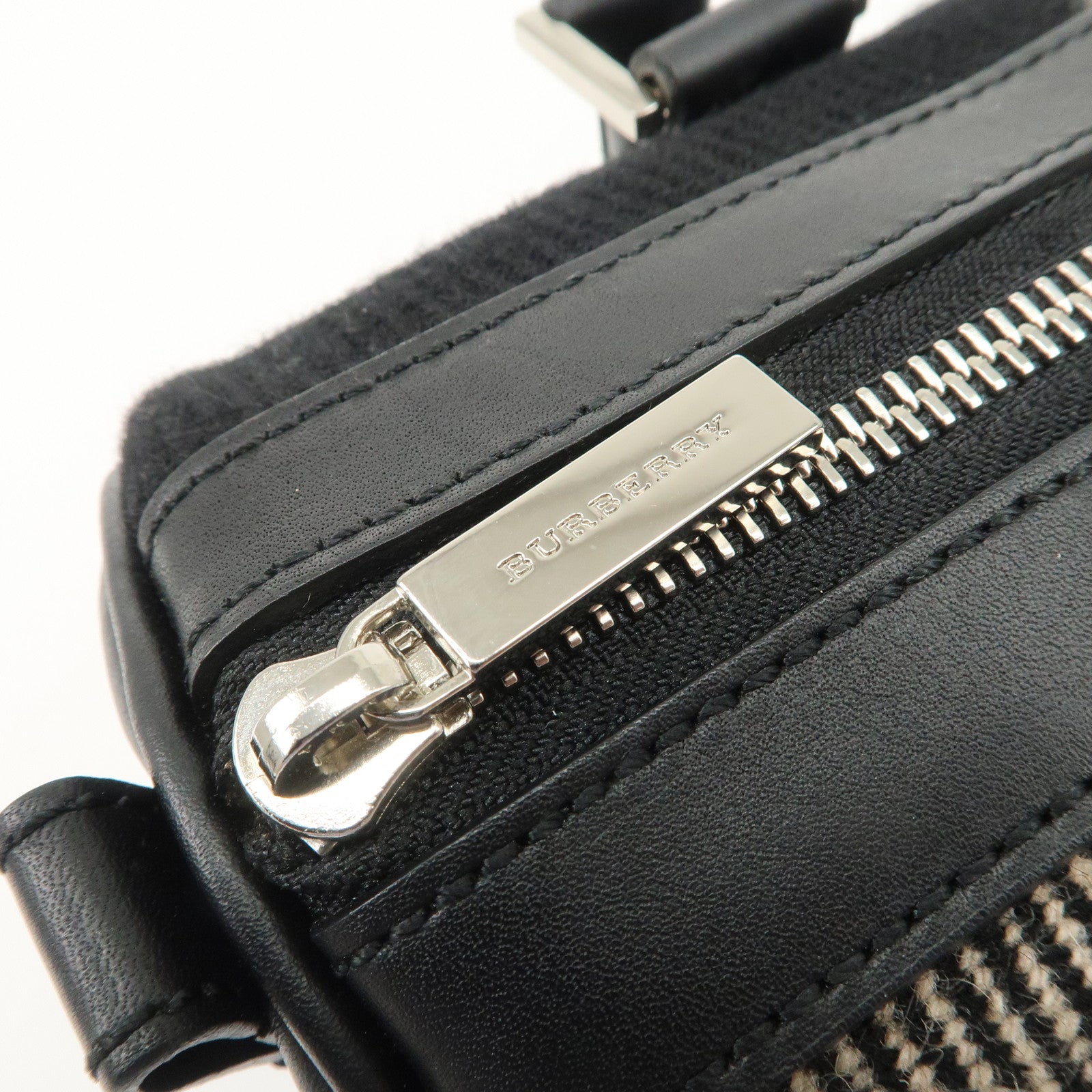 BURBERRY Wool Leather Boston Bag Hand Bag Black Beige Purple Used
