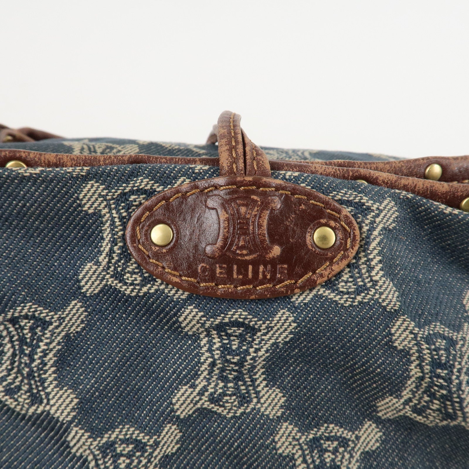 CELINE Macadam Denim Leather Bittersweet Shoudler Bag Navy Brown Used