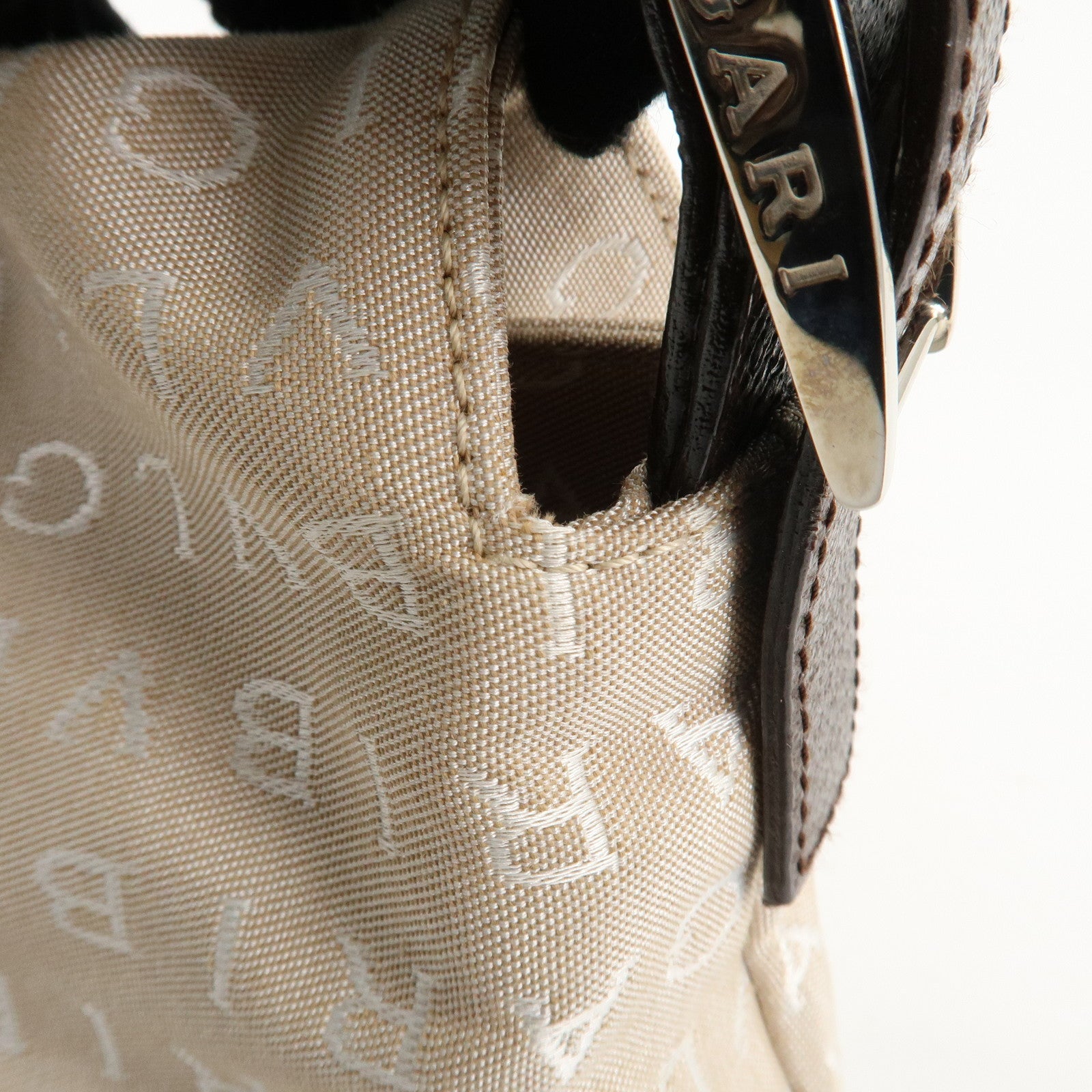 BVLGARI Logo Mania Canvas Leather Hand Bag Shoulder Bag Beige Used