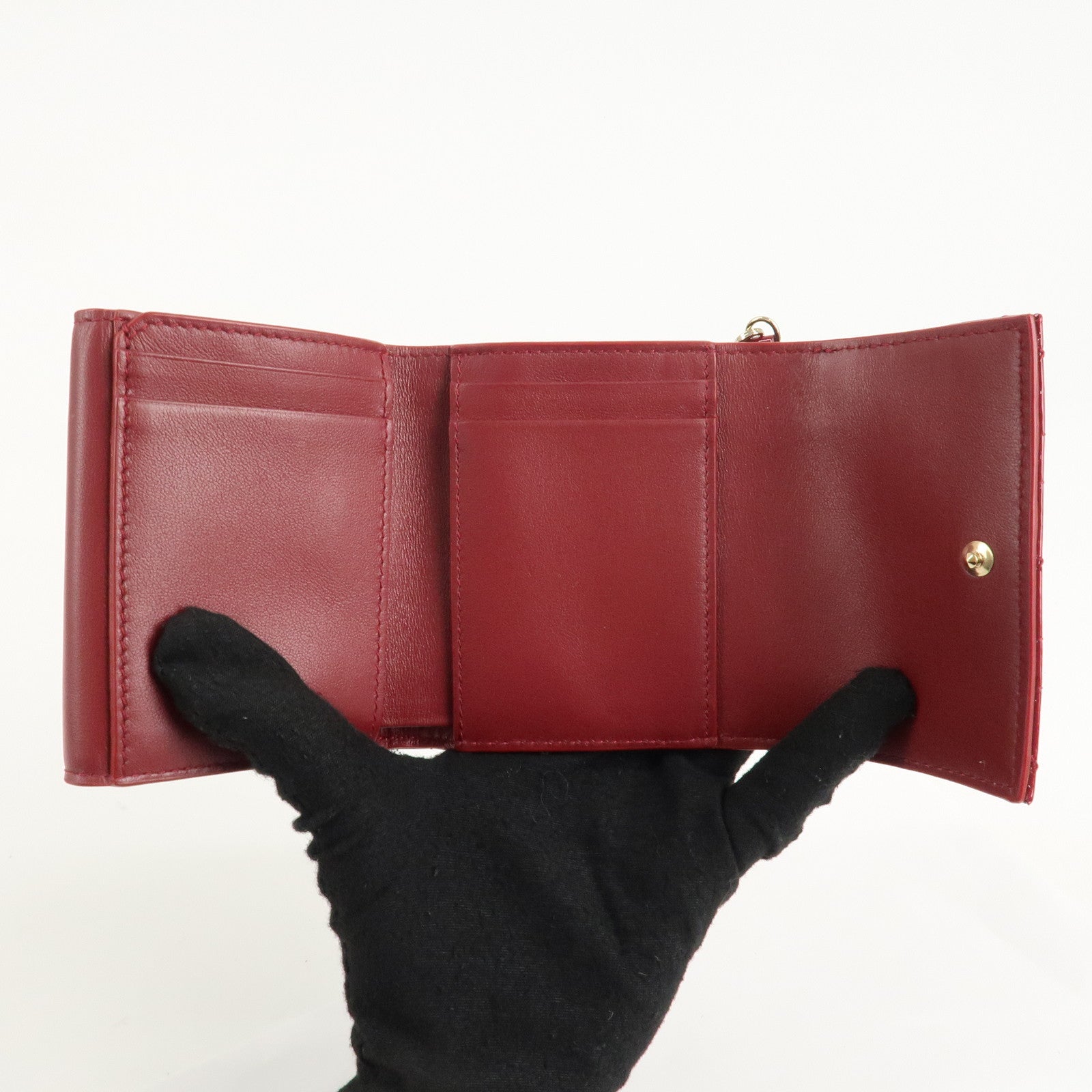 Christian Dior Cannage Lady Dior Leather Lotus Tri fold Wallet Red Used