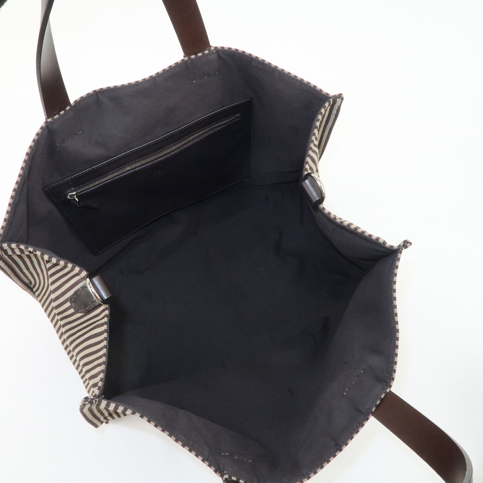 FENDI Pequin Canvas Leather 2Way Tote Shoulder Bag Brown 7VA390 Used