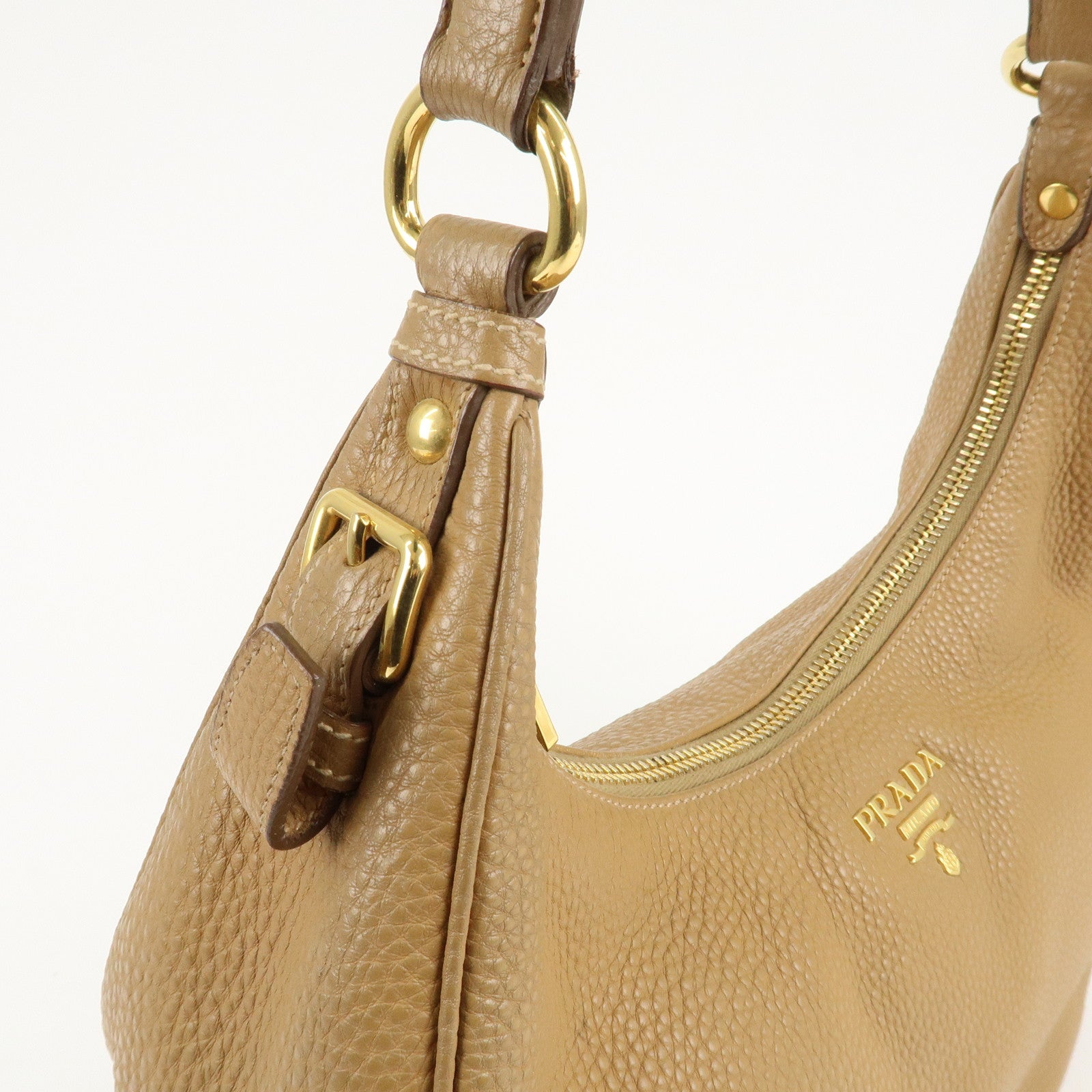 PRADA Leather Shoulder Bag Hand Bag Beige Used