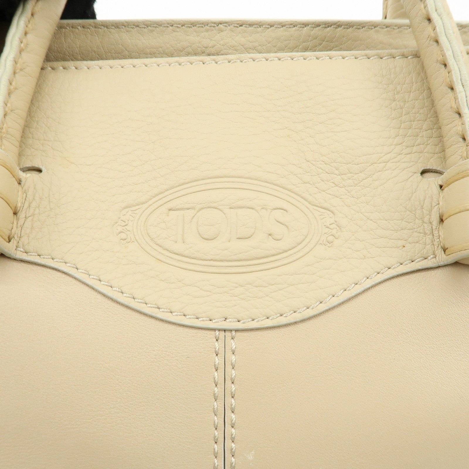 TOD'S Logo Leather Tote Bag Hand Bag Beige Cream Used
