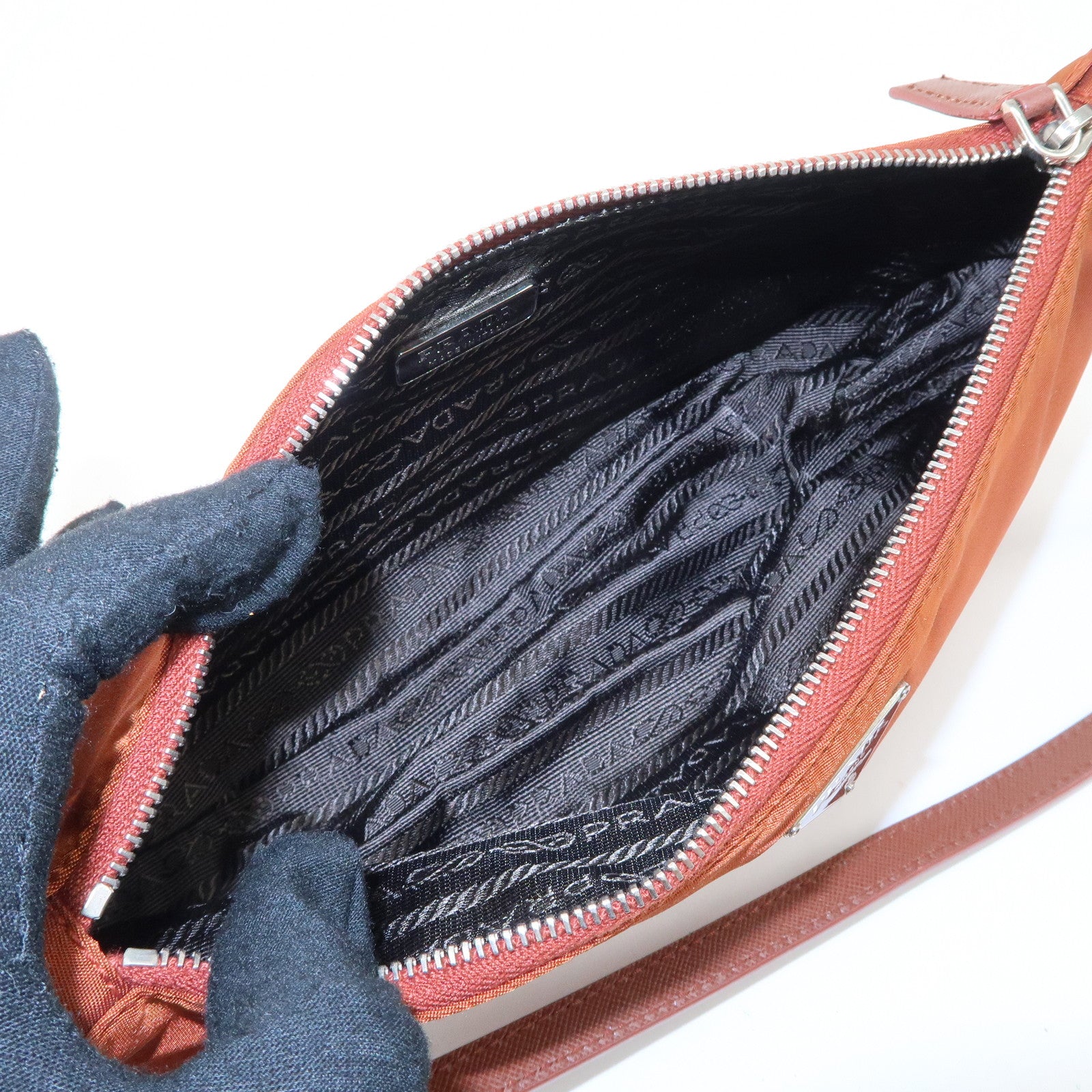 PRADA Logo Nylon Leather Shoulder Bag Hand Bag Pouch Brown Used