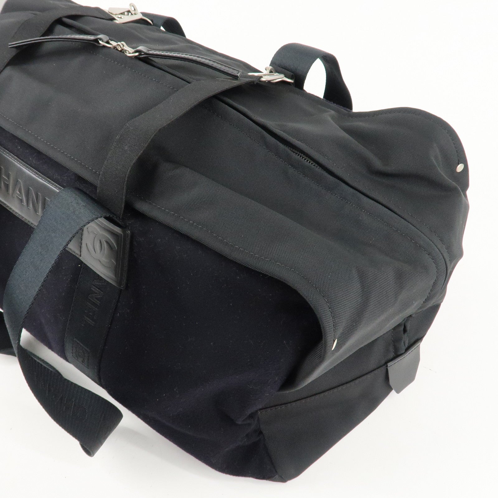 CHANEL Sports Line Felt Nylon Leather Boston Bag Black Used