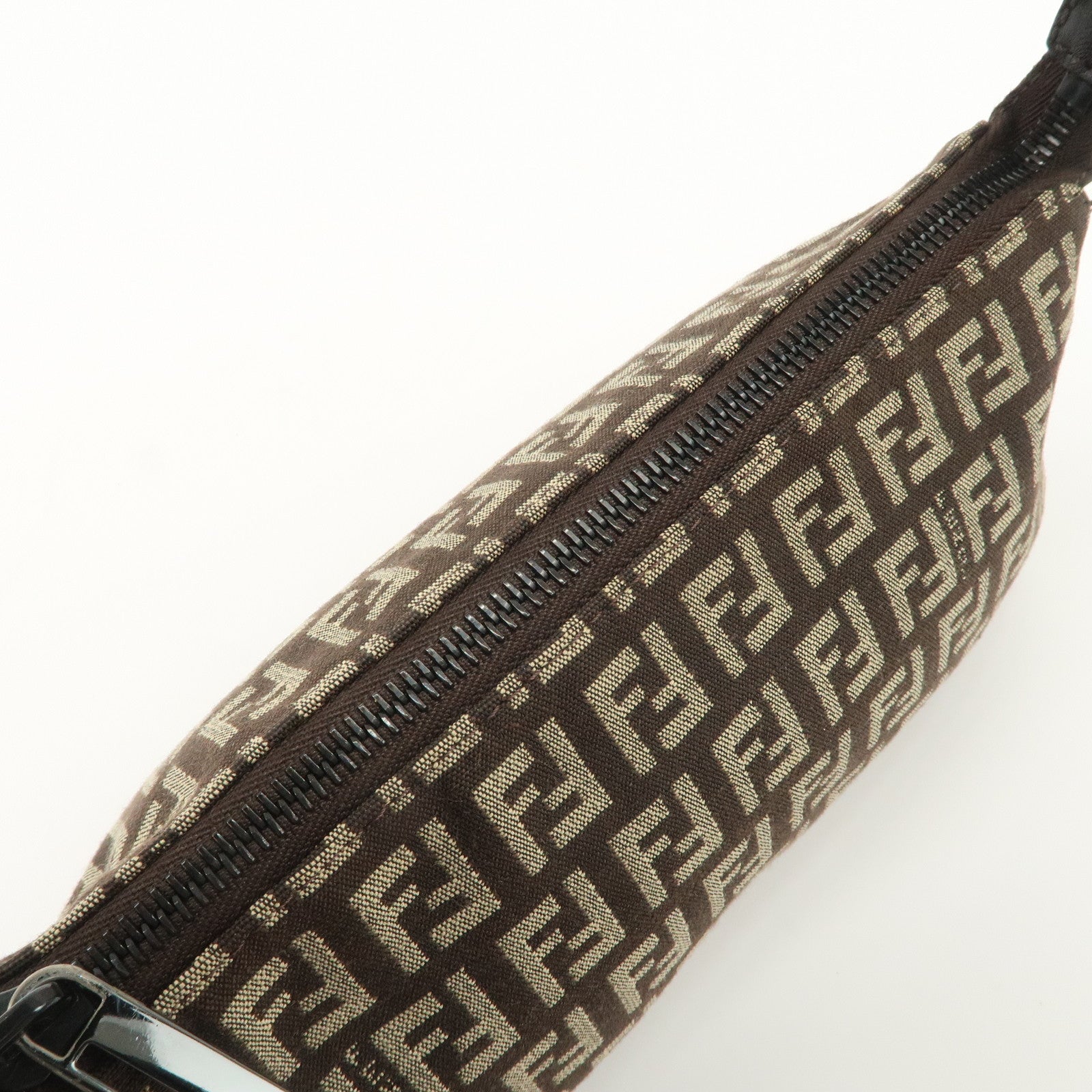 FENDI Zucchino Canvas Leather Shoulder Bag Dark Brown 8BR249 Used