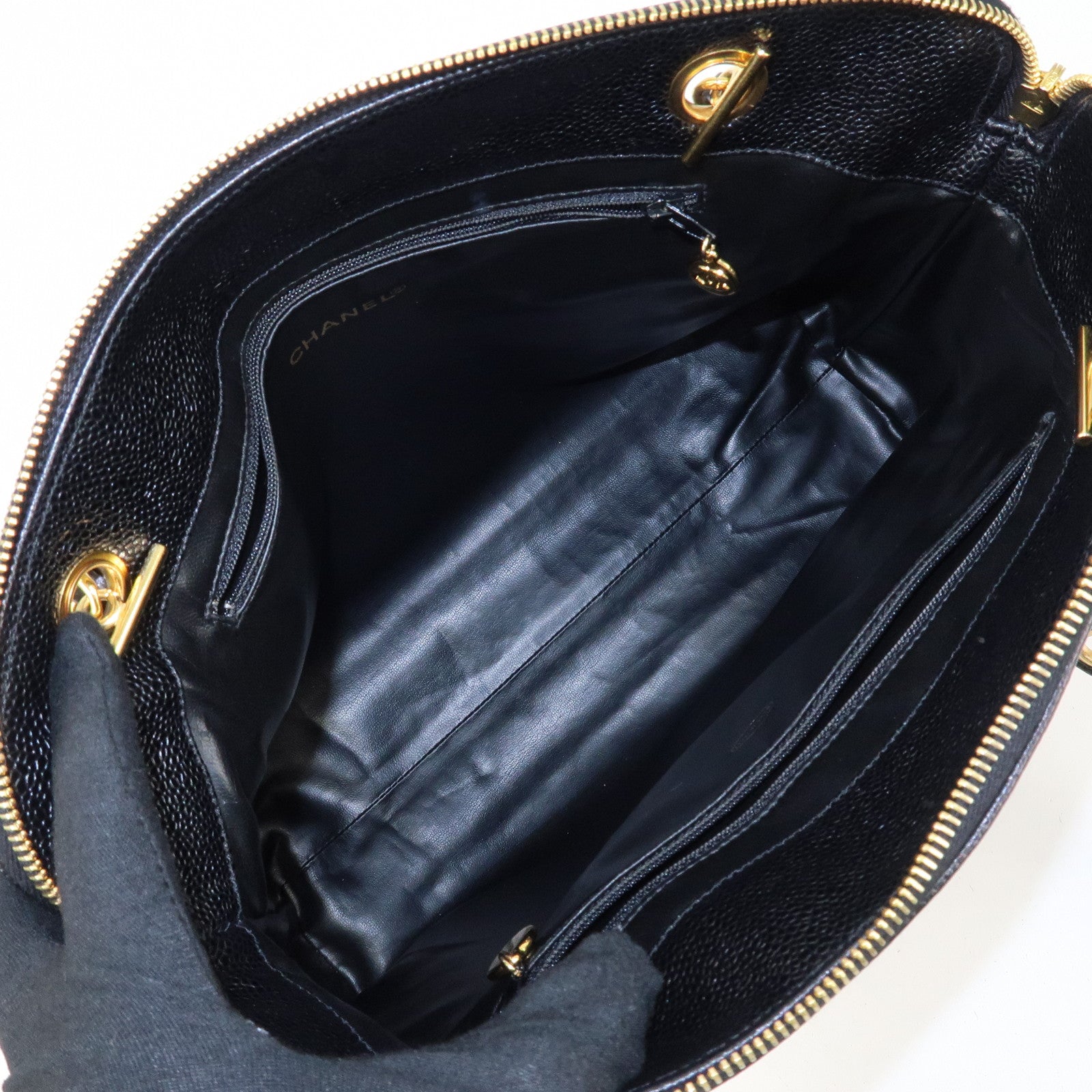 CHANEL COCO Mark Caviar Skin Chain Tote Bag Black Gold Used