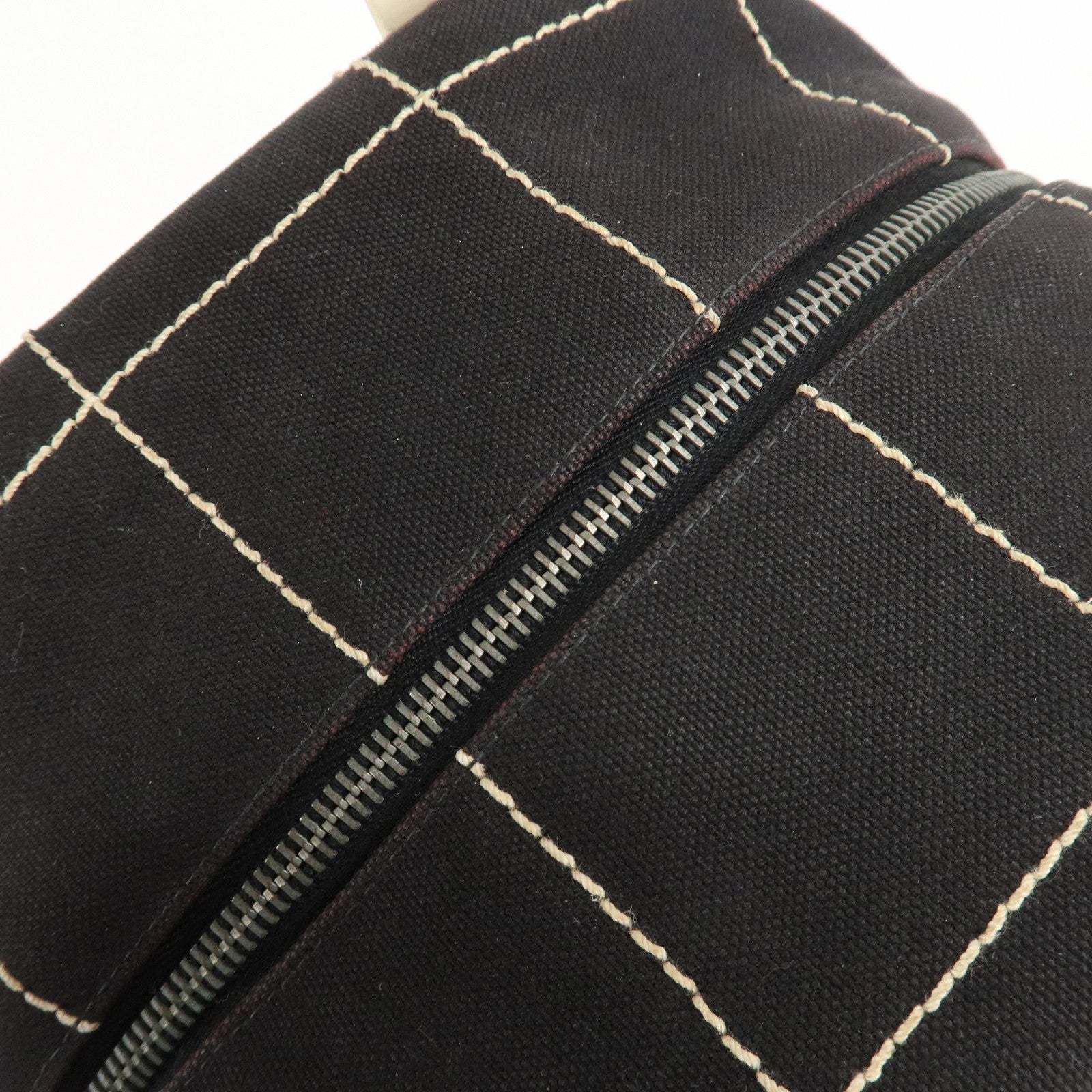 CHANEL Chocolate Bar Stitch Canvas Leather Mini Boston Bag Black Used