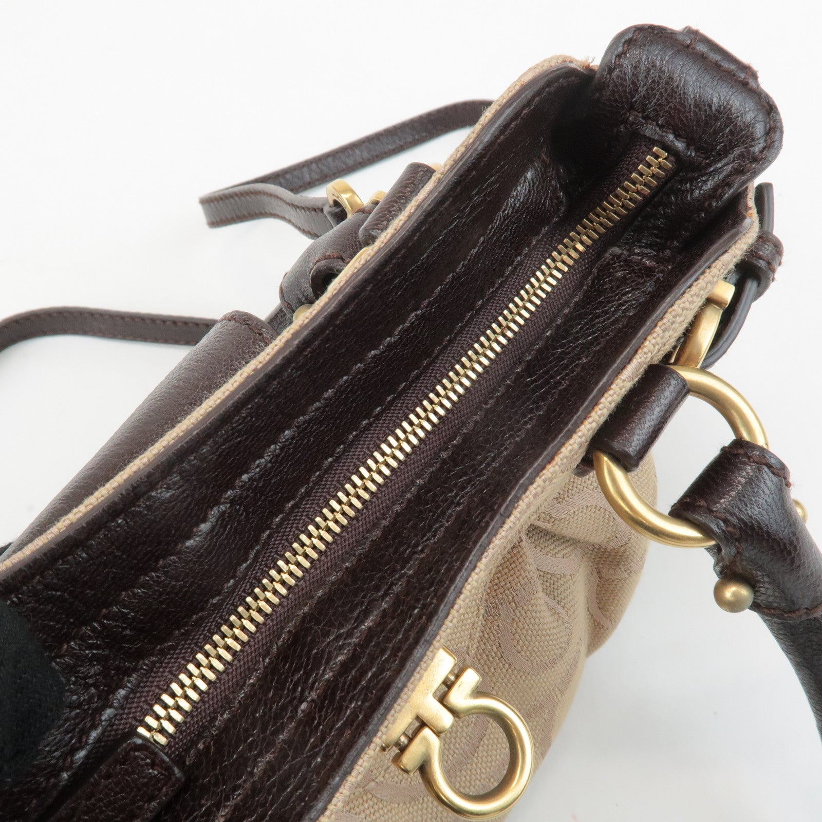 Ferragamo Gancini Canvas Leather 2Way Bag Beige Dark Brown Used