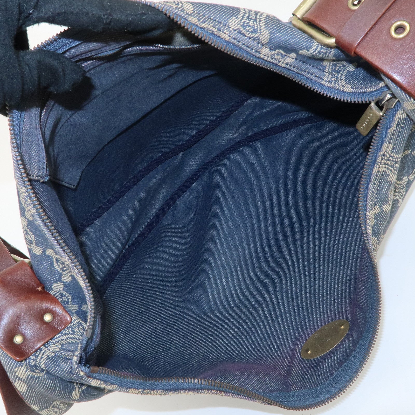 CELINE Macadam Canvas Leather Shoulder Bag Blue Brown Used