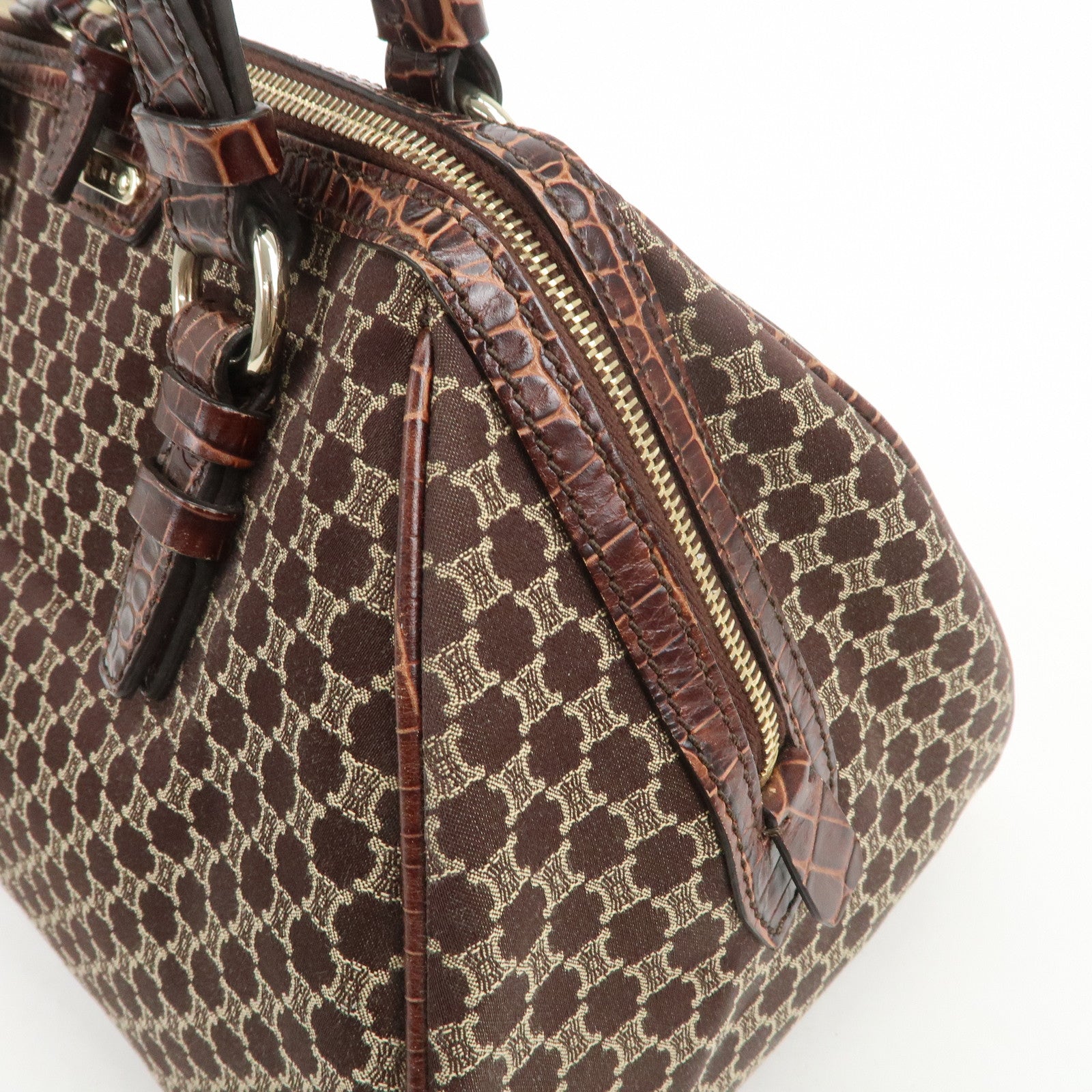 CELINE Macadam Canvas Embossed Leather Hand Bag Shoulder Bag Brown