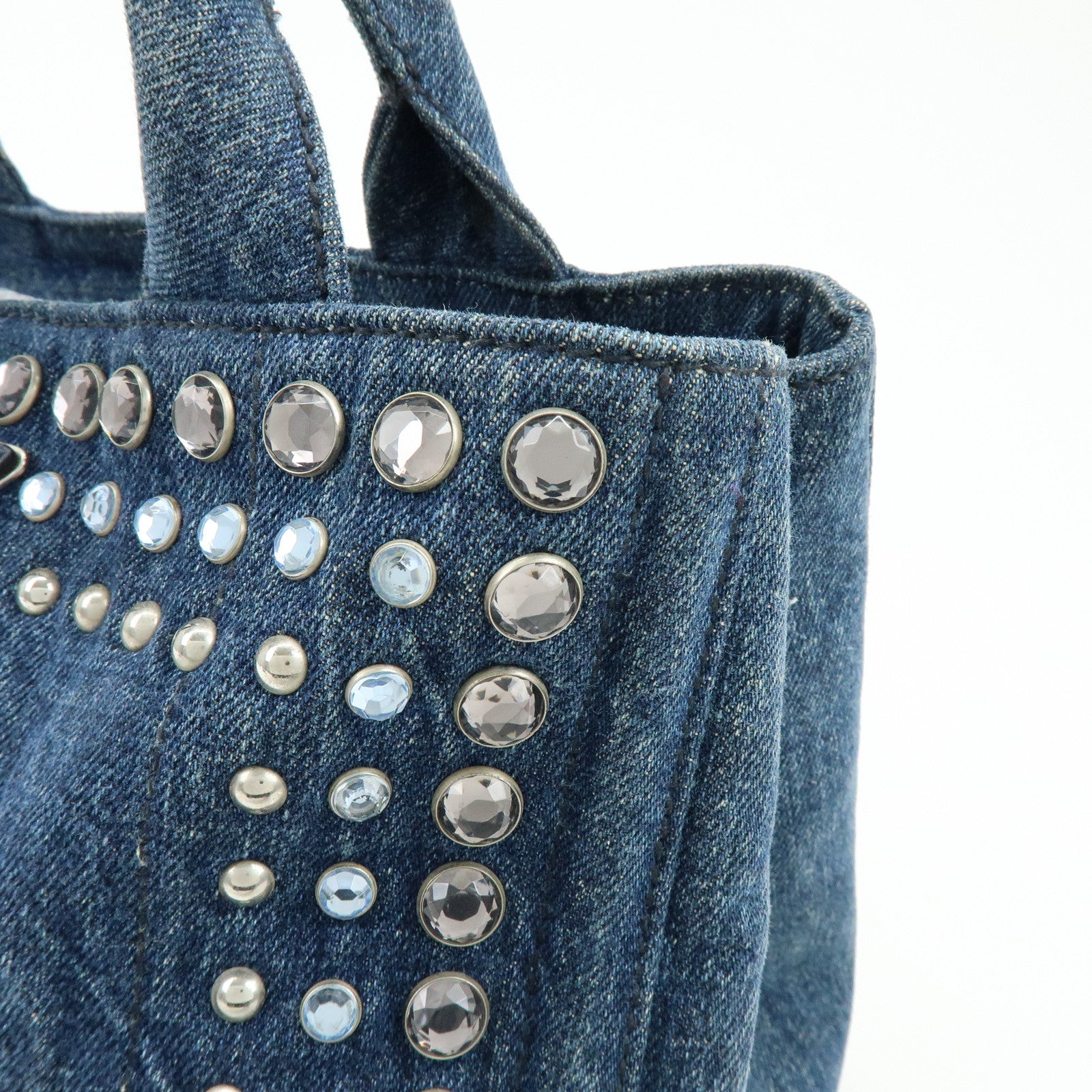 PRADA Canapa Mini Triangle Logo Denim 2Way Tote Shoulder Bag B2439O
