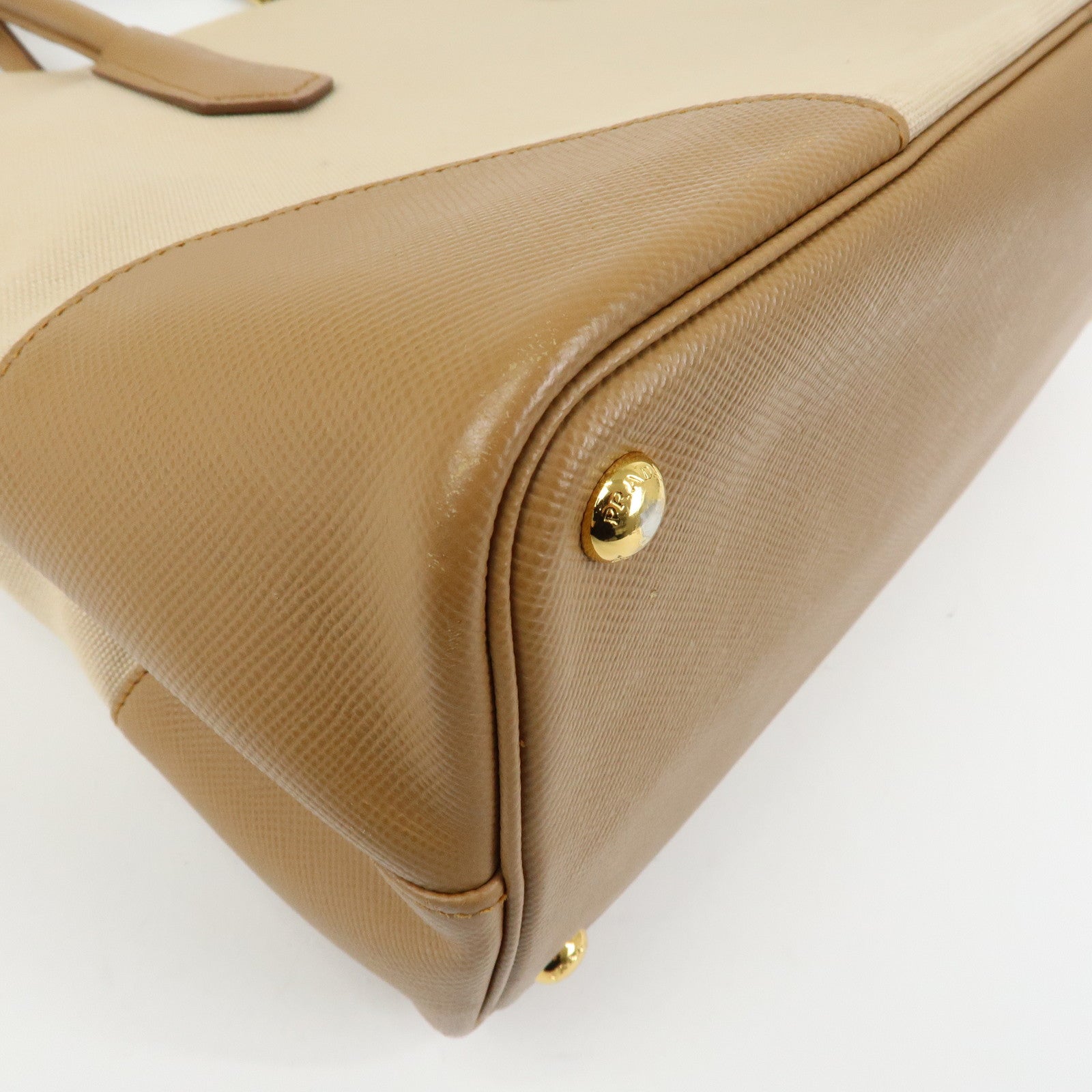 PRADA Triangle Logo Canvas Leather Tote Bag Beige Brown B2756T