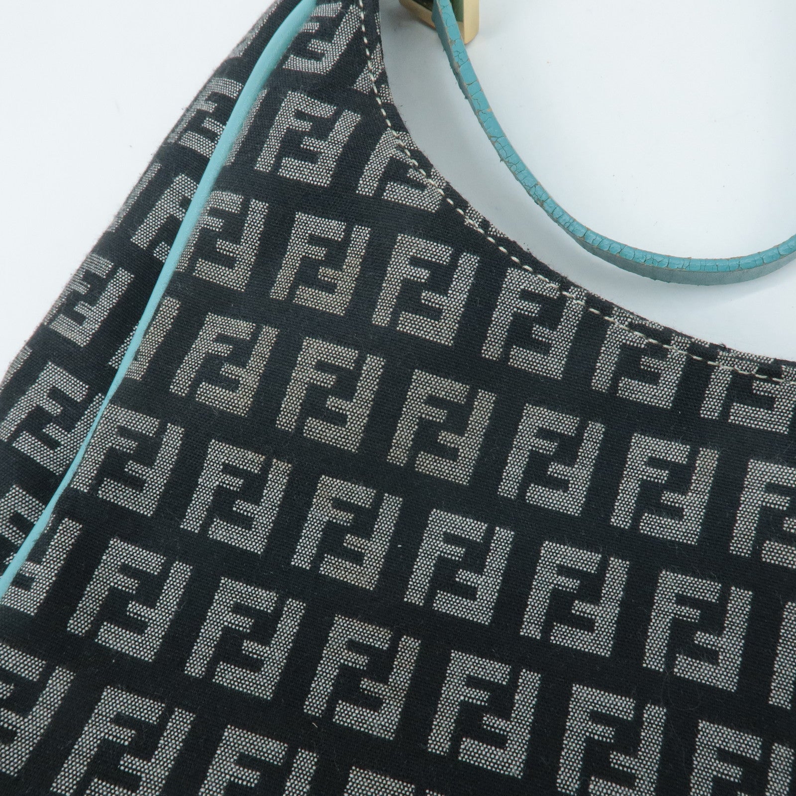 FENDI Zucchino Canvas Leather Shoulder Bag Black White Blue 8BR158 Used