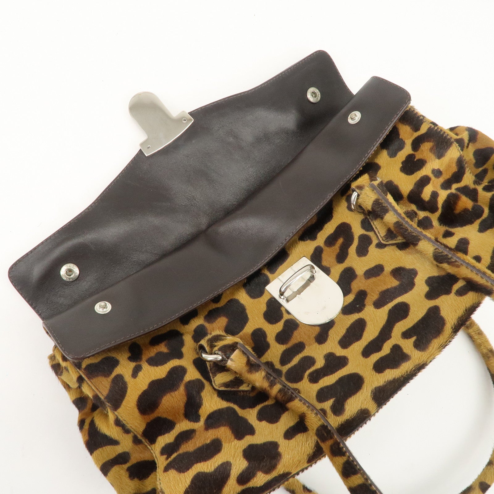 PRADA Logo Unborn Calf Leopard Shoulder Bag Hand Bag Brown Used