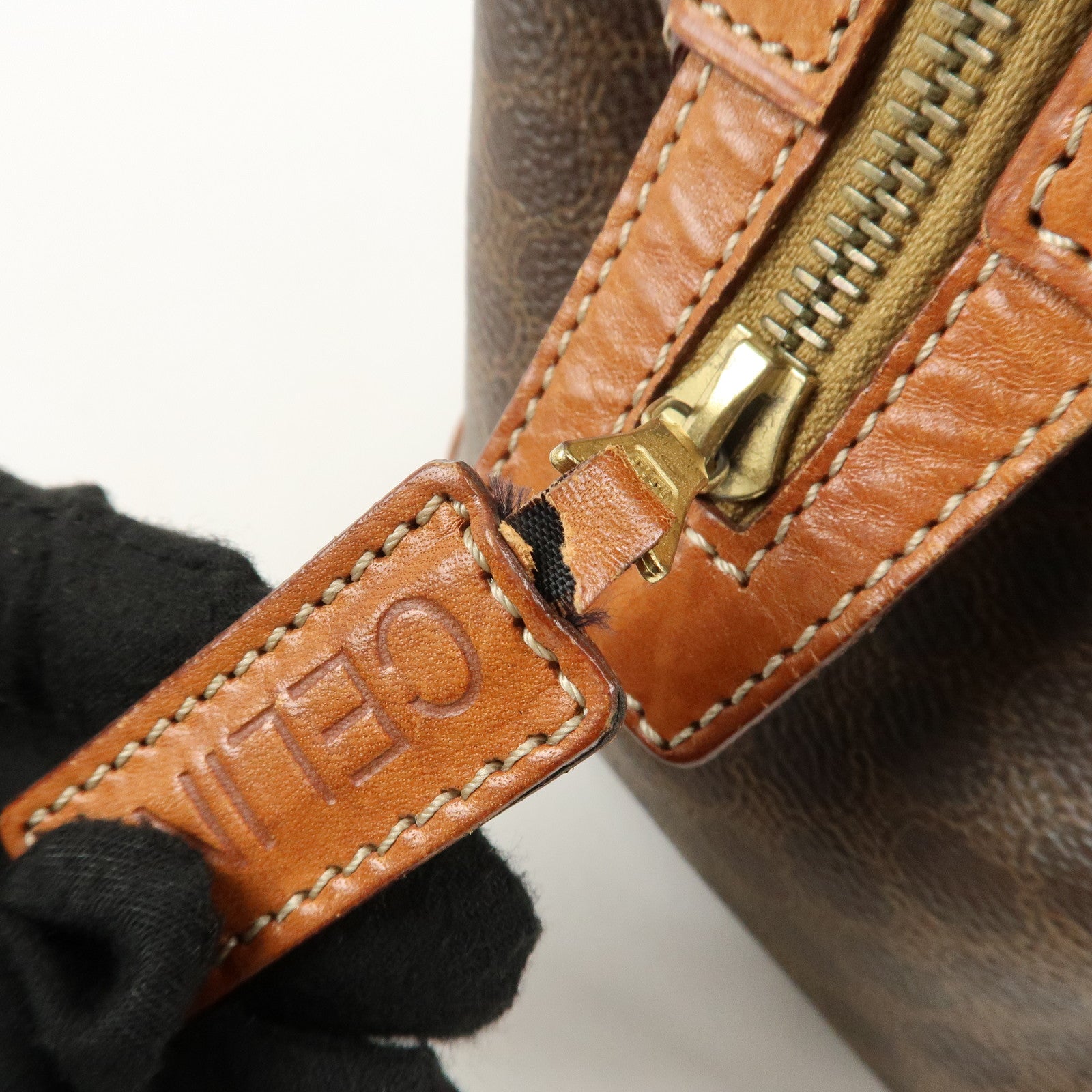 CELINE Macadam PVC Leather Boston Bag Hand Bag Brown Used