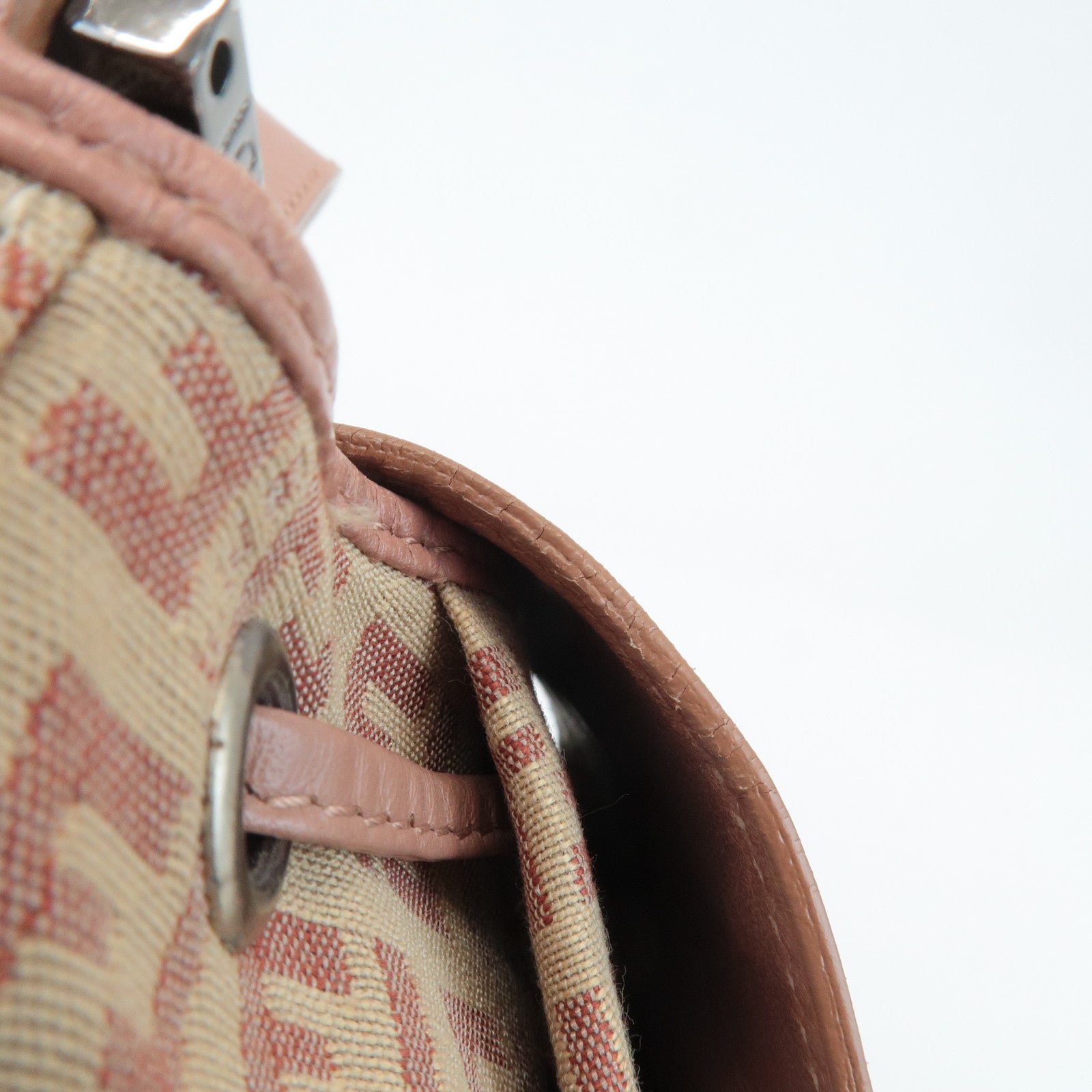 FENDI Zucchino Canvas Leather Shoulder Bag Beige Pink 8BR282 Used