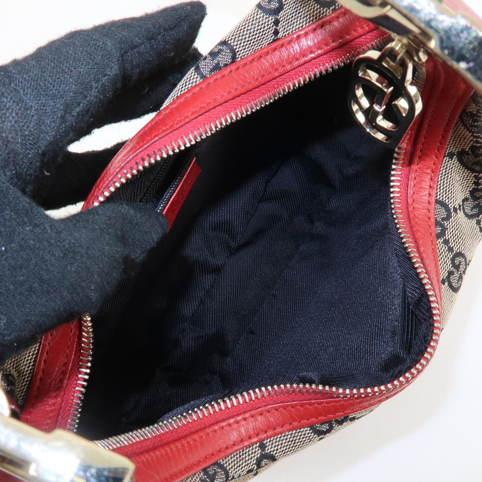 GUCCI GG Canvas Leather One-Shoulder Bag Beige Navy Red 001.3812 Used