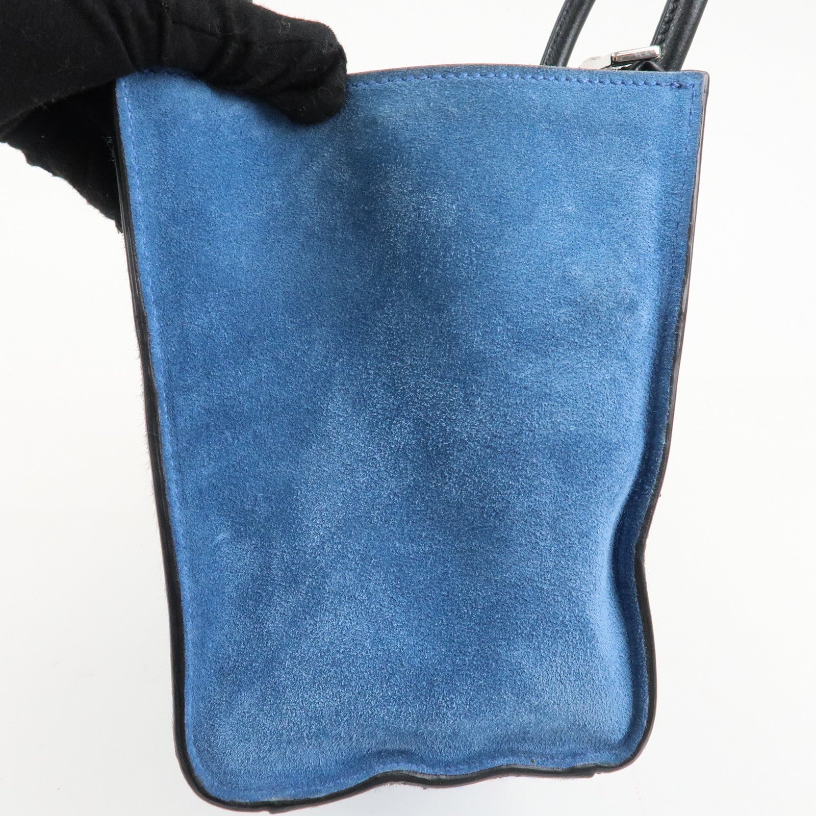 PRADA Unborn Calf Suede Leather 2Way Hand Bag Blue Black 1BA025 Used