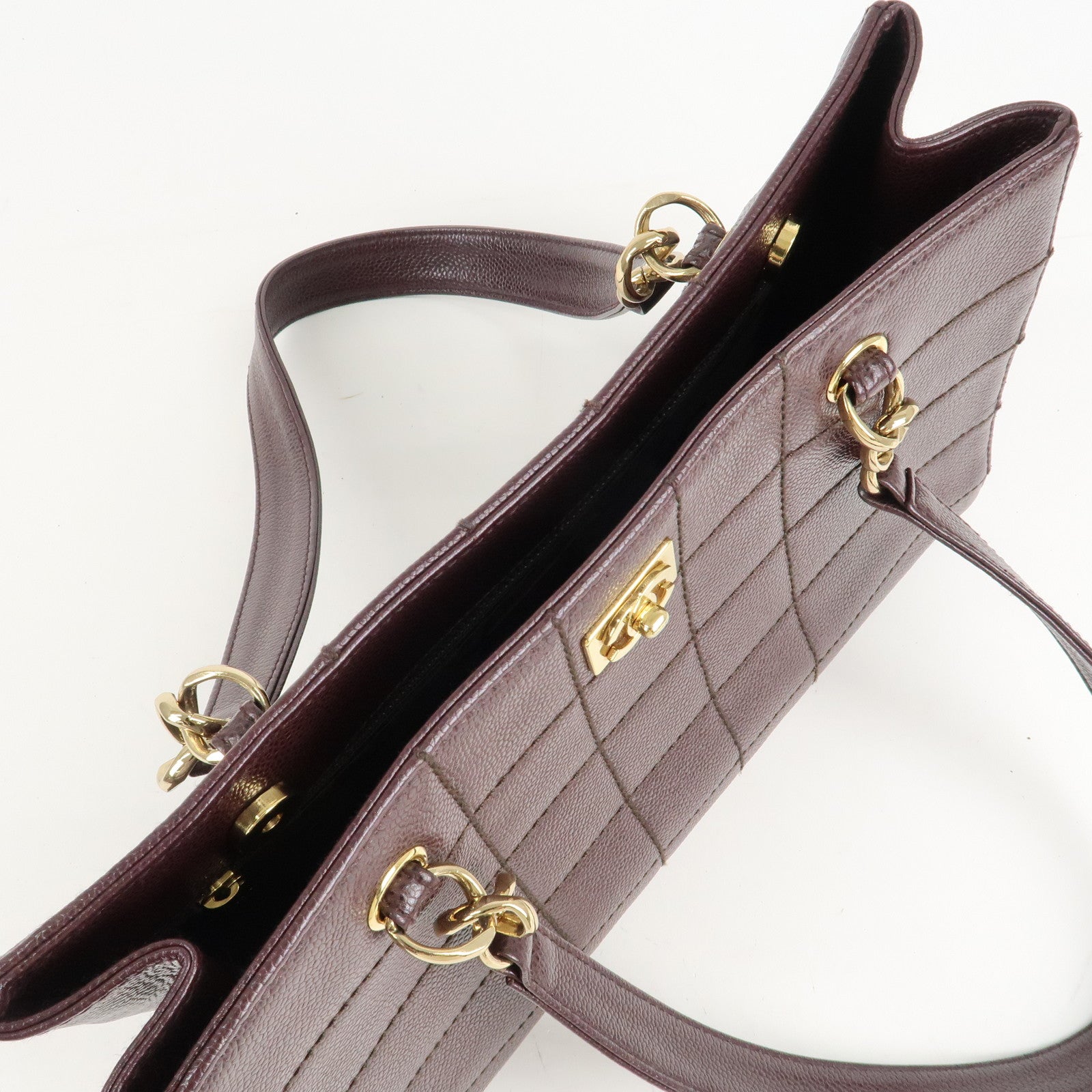 CHANEL Chocolate Bar Caviar Skin Chain Shoulder Bag Wine Gold Used