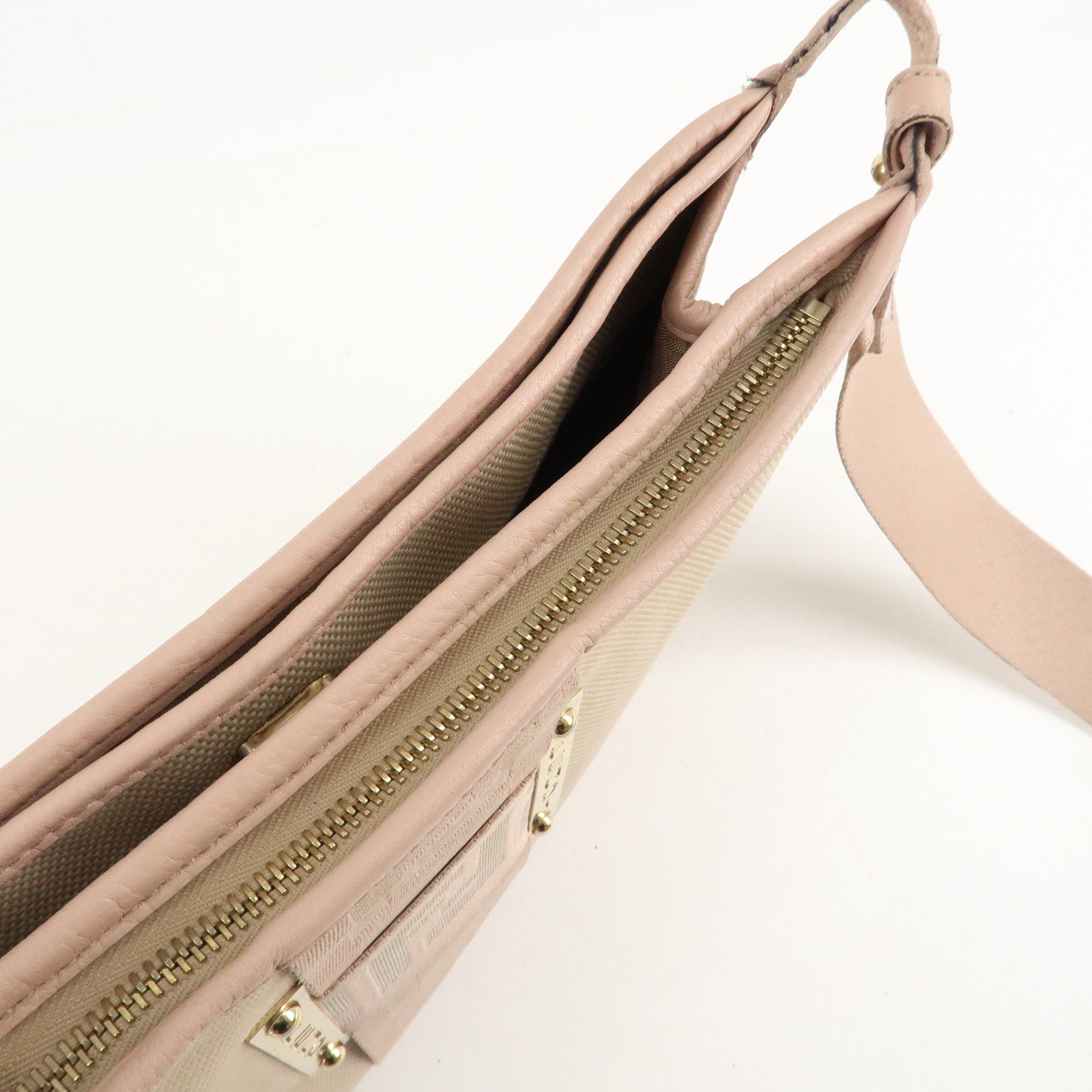 FENDI Logo Canvas Leather Shoulder Bag Beige Pink 8BT084 Used