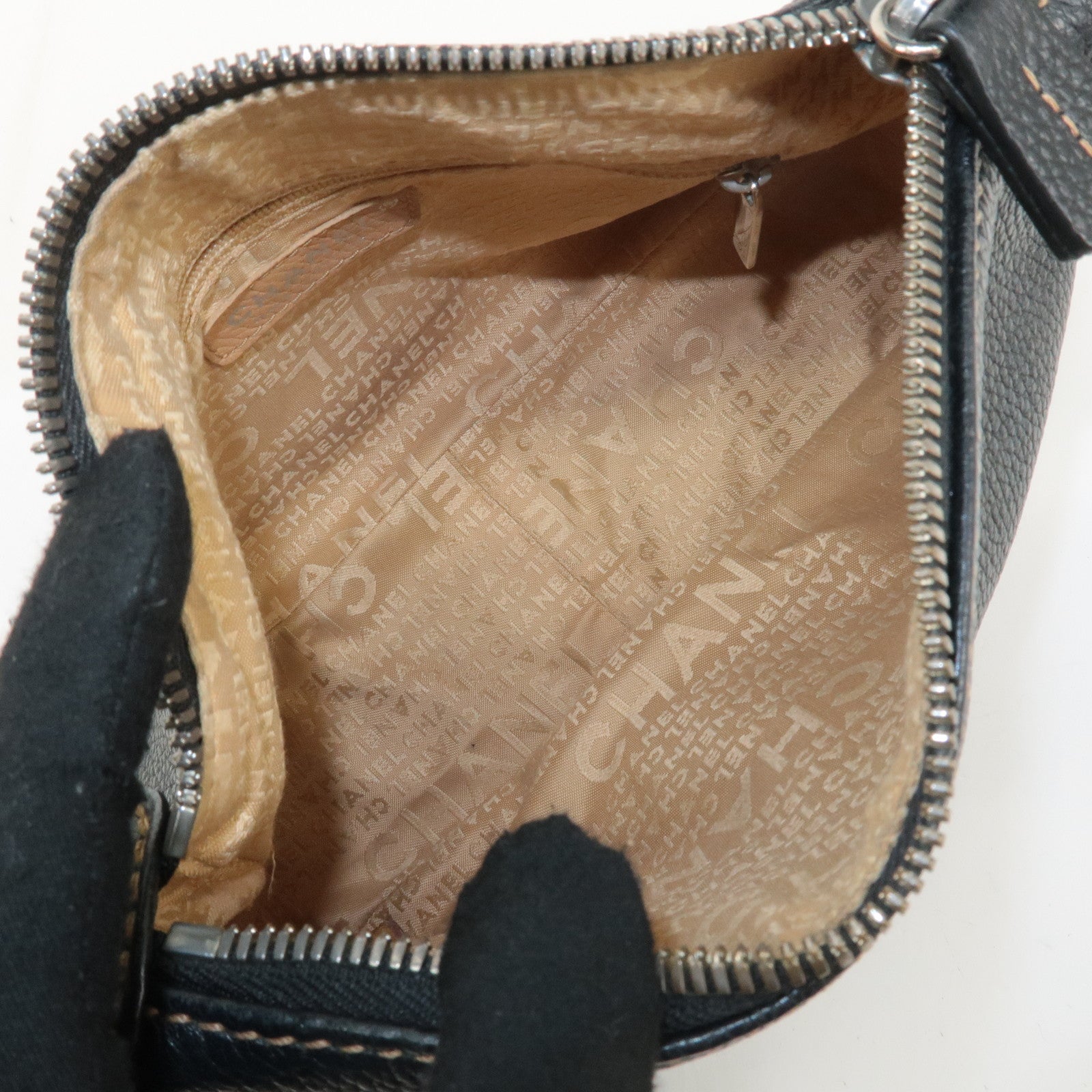 CHANEL Leather Shoulder Bag Black Silver Used