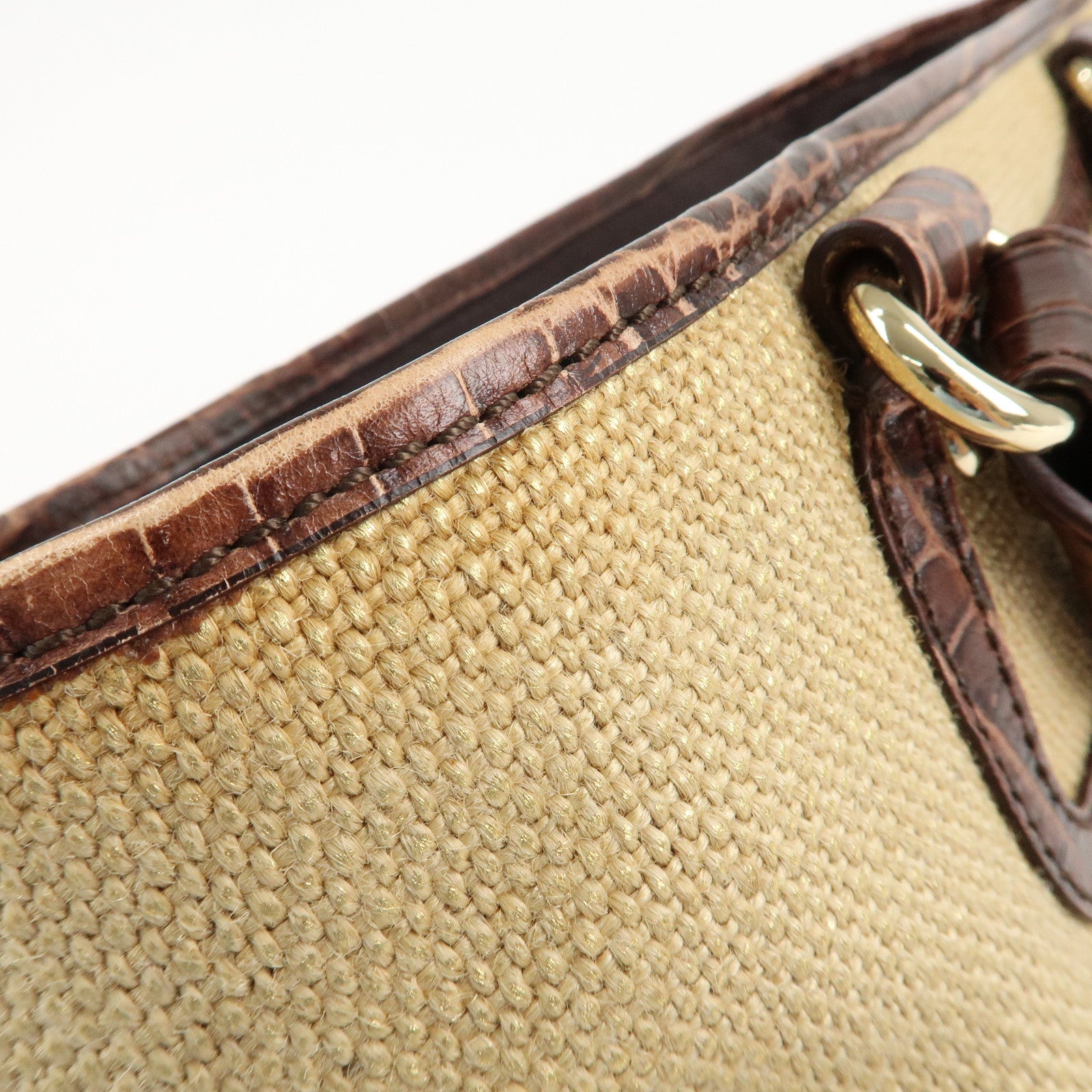 CELINE Straw Leather Boogie Bag Hand Bag Beige Brown Gold HDW Used