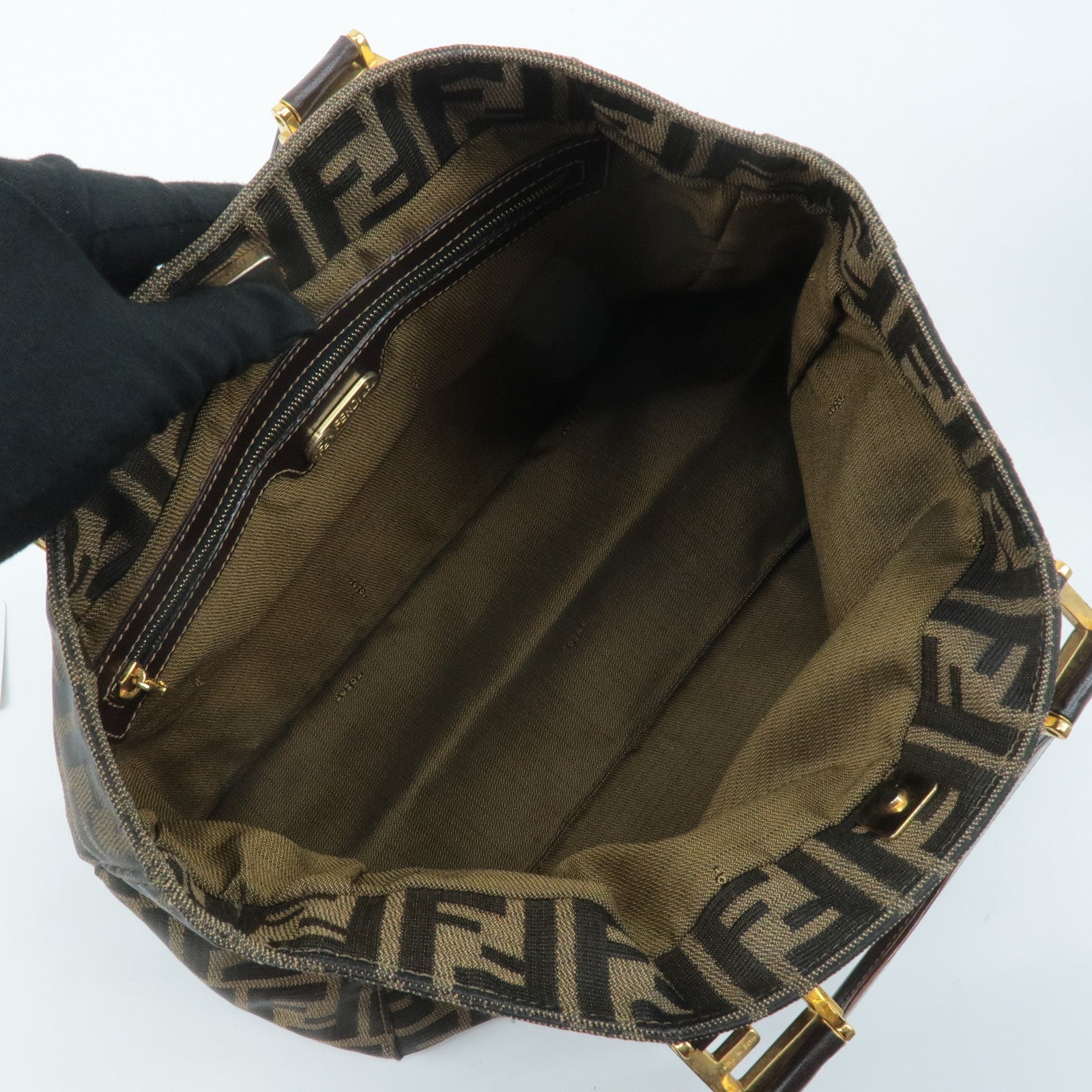 FENDI Zucca Canvas Leather Tote Bag Hand Bag Brown Used