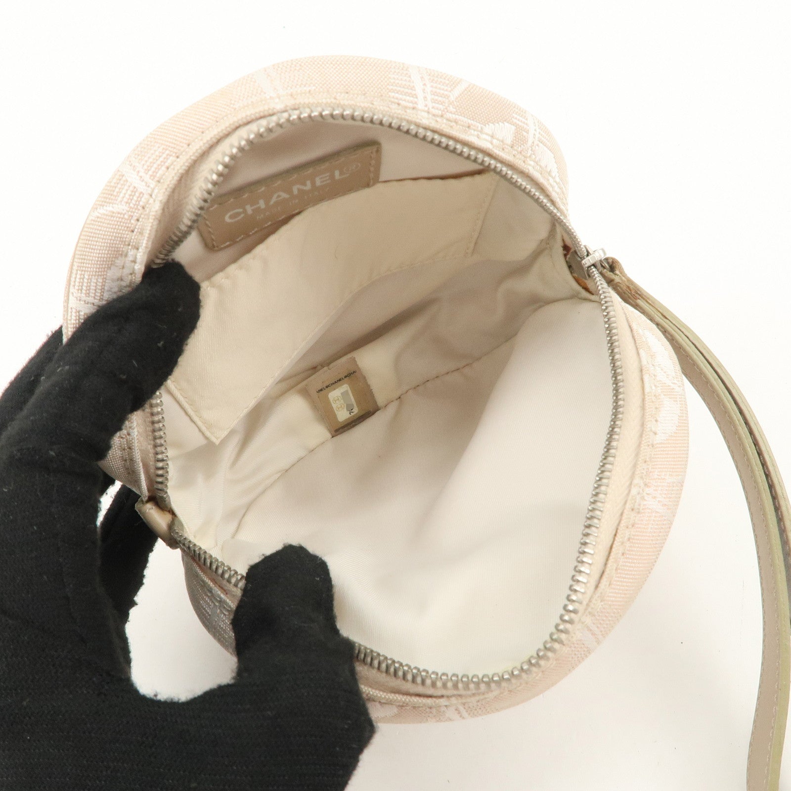 CHANEL New Travel Line Nylon Jacquard Leather Round Pouch T9951S Used