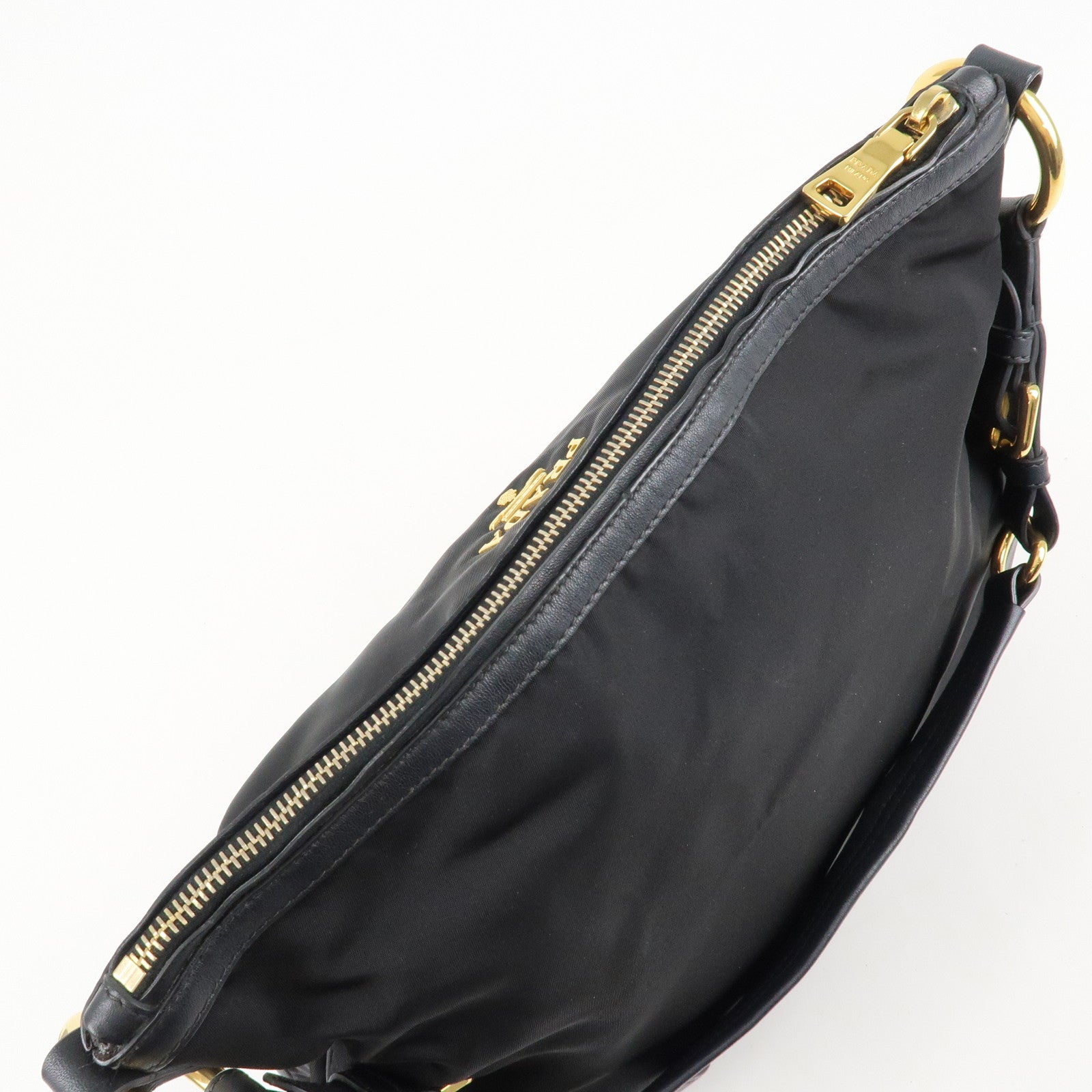 PRADA Nylon Leather Shoulder Bag Black Gold Hardware Used