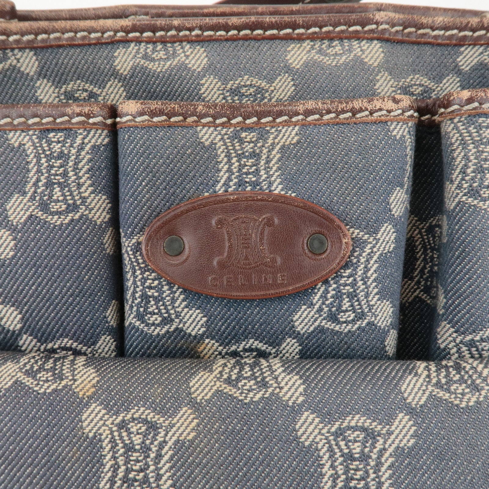 CELINE Macadam Denim Leather Shoulder Bag Blue Brown Used