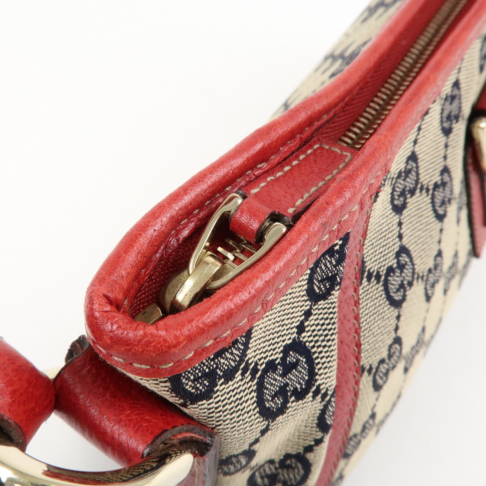 GUCCI Abbey GG Canvas Leather Shoulder Bag Beige Navy Red 130939 Used